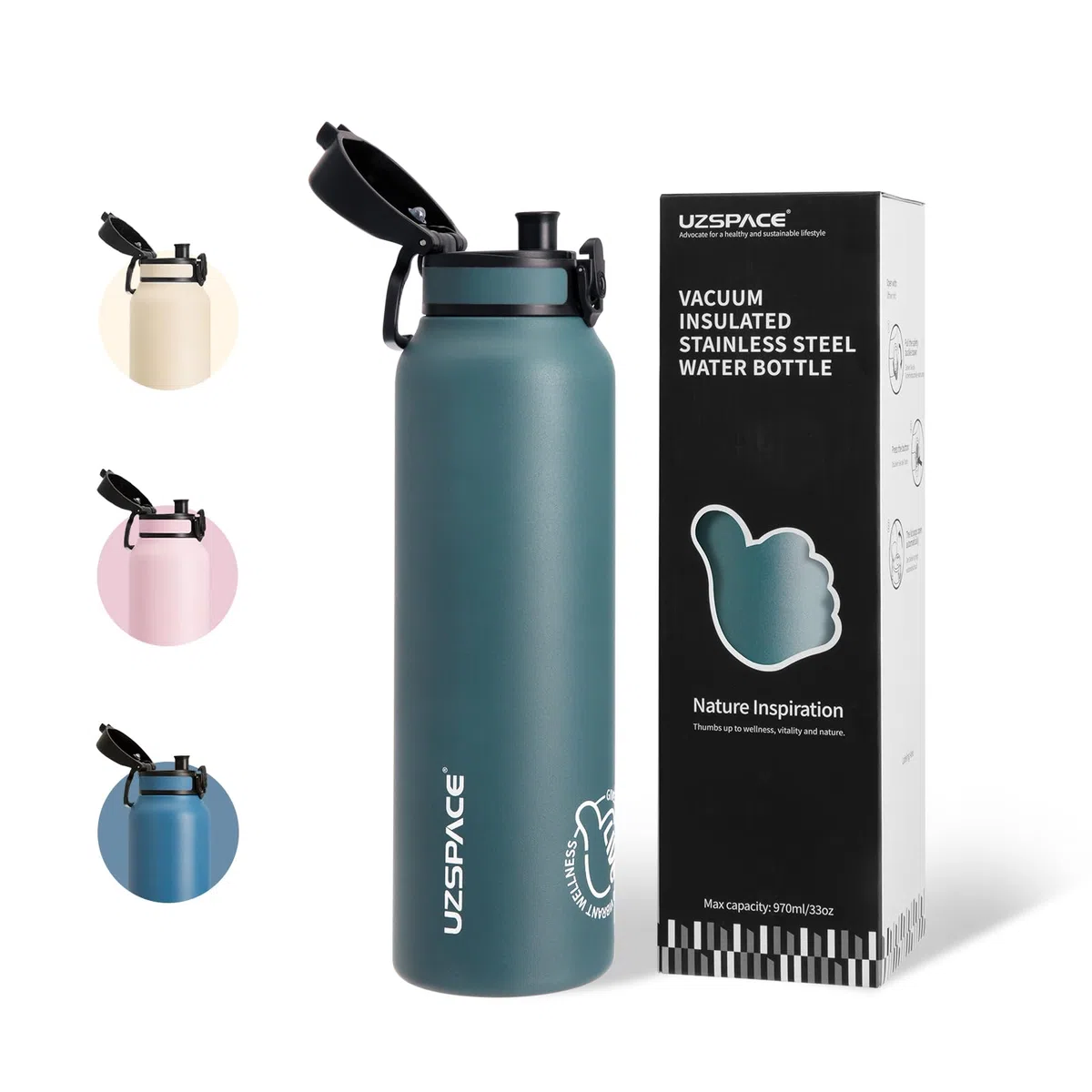 UZSPACE Gourde Isotherme 1L (970ml) en Acier Inoxydable - Bouteille Isotherme Double Paroi - Gourde Sport Adulte Étanche - Idéale pour Plein Air et Sports, Vert Forêt
