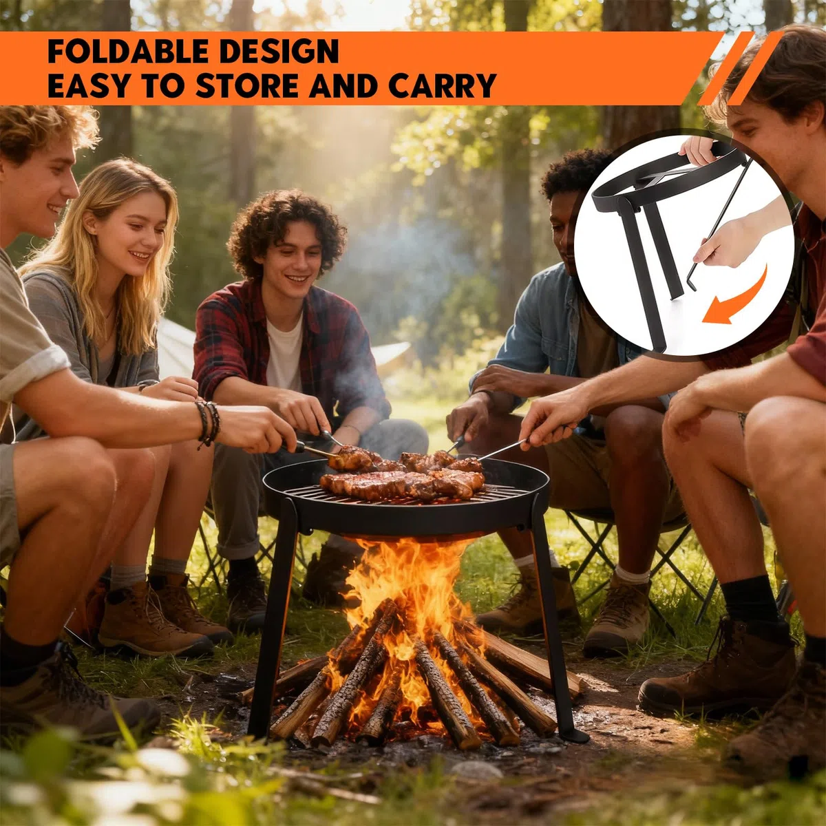 Trépied pour feu de camp, grille de barbecue pliable pour brasero de camping, trépied résistant aux hautes températures, avec sac de rangement