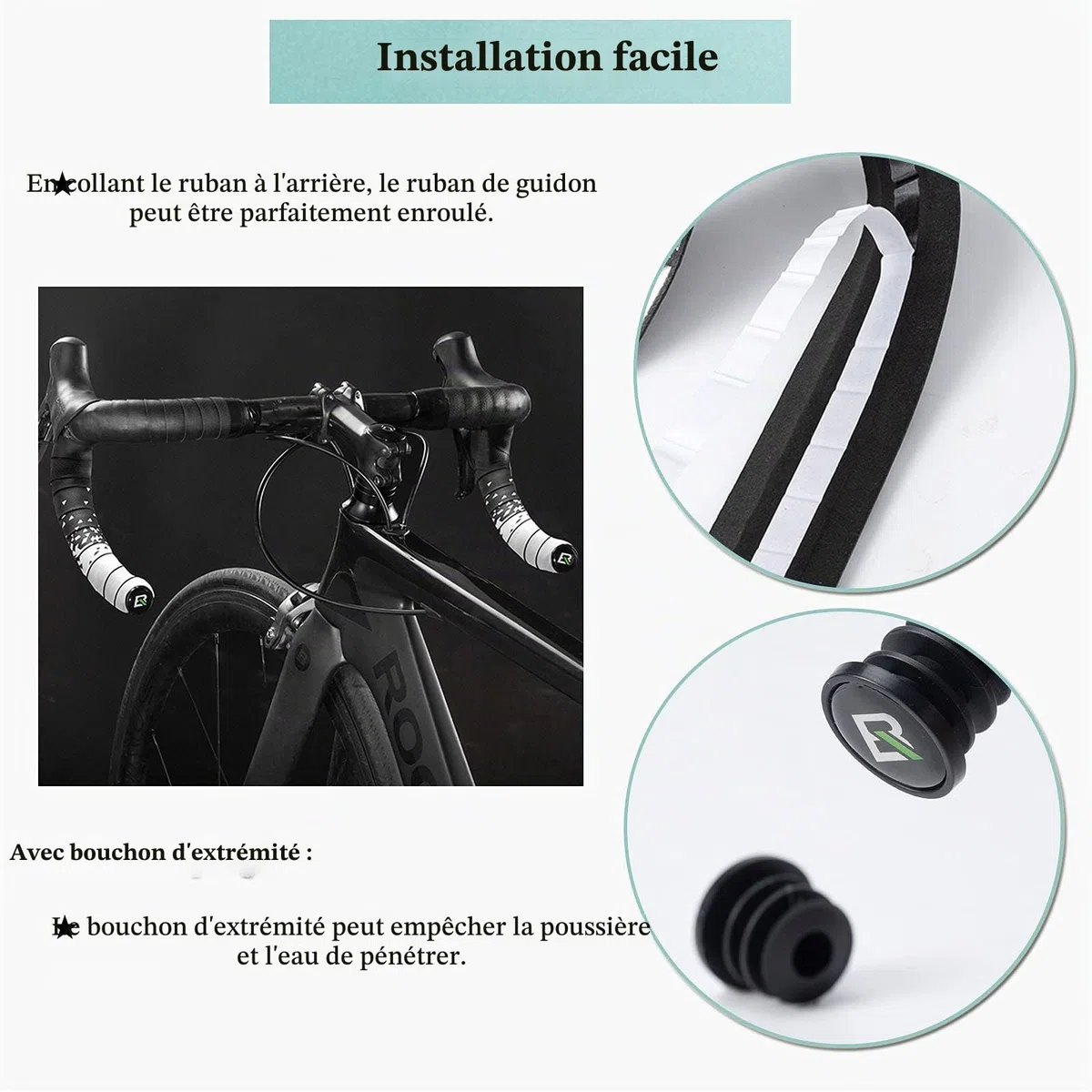 ROCKBROS Ruban pour Guidon, Guidoline de Vélo de Route, Poignées Antidérapant Anti-Choc en EVA Noir, Bande Adhésive avec 2 Bouchons, Blanc
