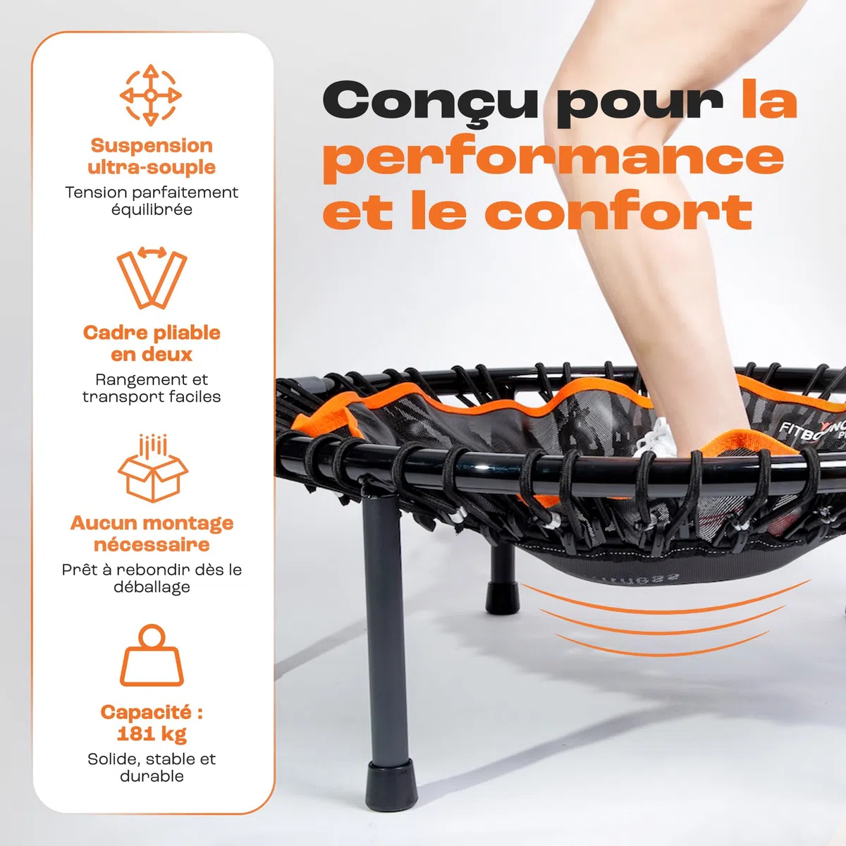 MXL FIT Bounce PRO Bungee Rebounder – Mini trampoline d'intérieur de qualité supérieure pour adultes – Rebond silencieux à faible impact, à moitié pliable avec pieds en acier pliables et sac de