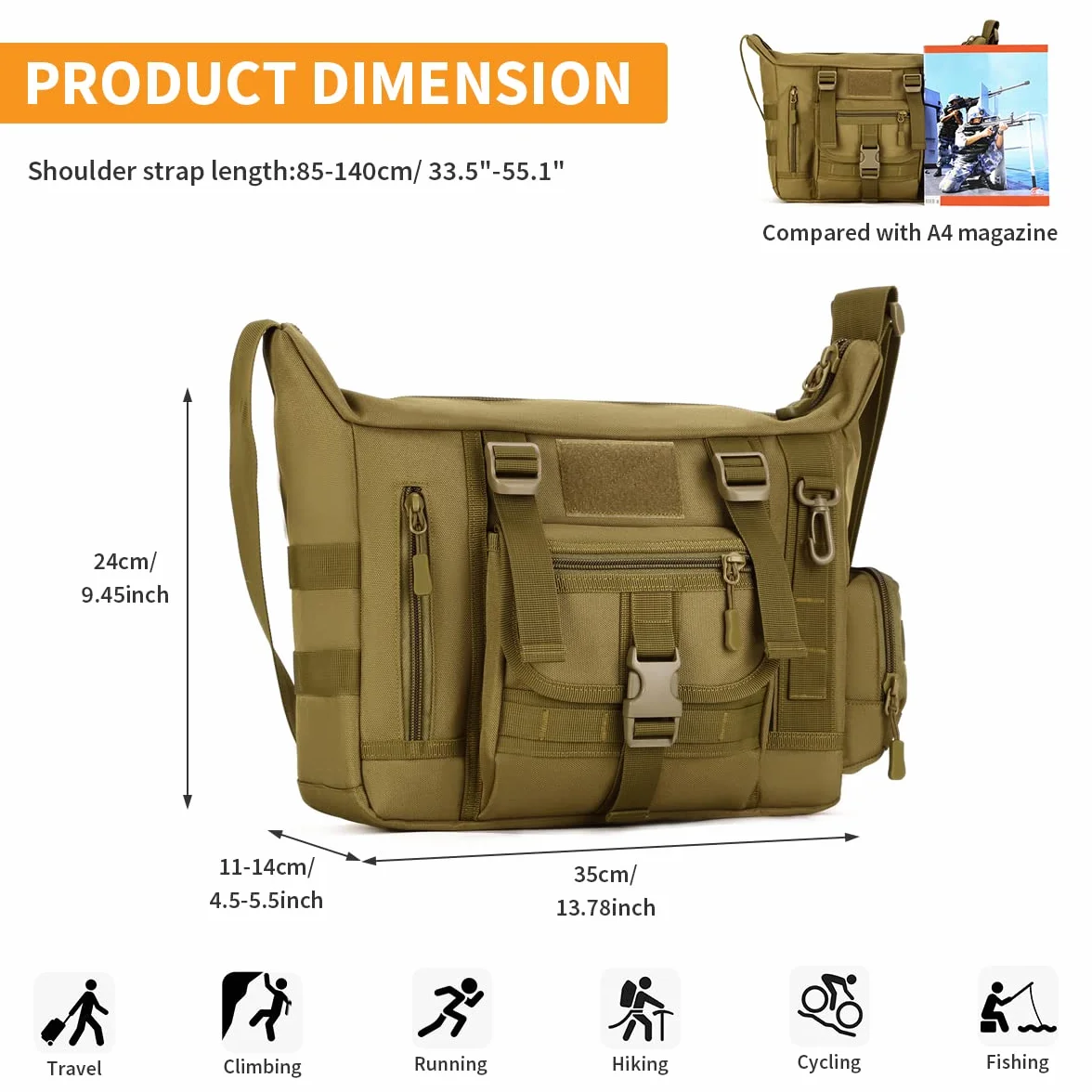 Huntvp Sac Bandoulière Tactique, Sacoche Homme Bandoulière Travail Militaire Sac d’Epaule pour Ordinateur Portable 14, 15.6 Pouces Travail, Randonnée, Camping, Voyage, Escalade, Trekking