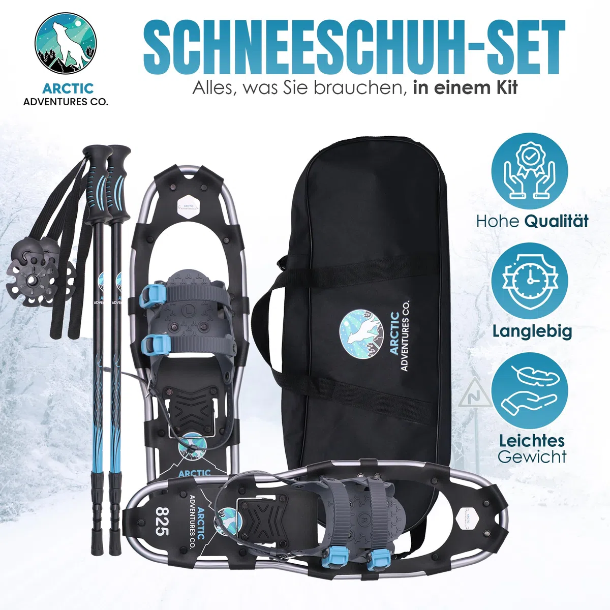 Raquettes de neige 3 en 1 pour homme et femme en aluminium avec tailles réglables et bâtons de trekking.