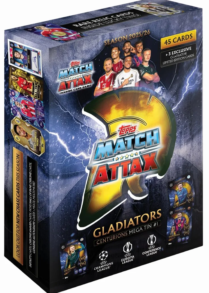 Topps UCC Match Attax 2025/26 – Mega Tin – Centurions – Contient 45 cartes Match Attax plus 3 cartes Gladiators LE exclusives.