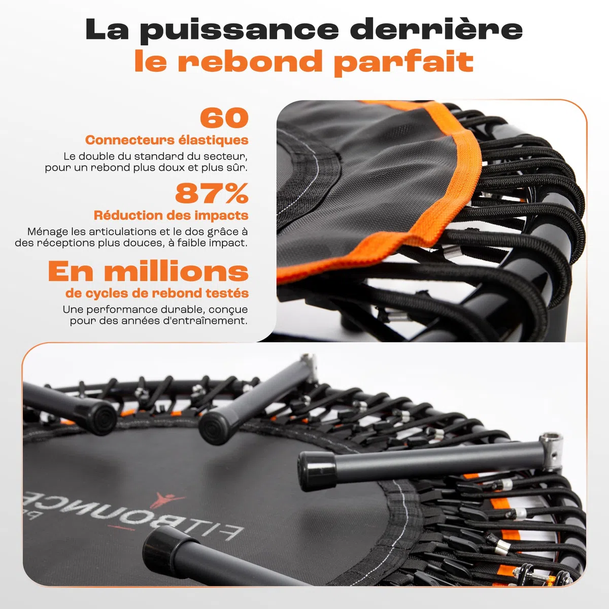 MXL FIT Bounce PRO Bungee Rebounder – Mini trampoline d'intérieur de qualité supérieure pour adultes – Rebond silencieux à faible impact, à moitié pliable avec pieds en acier pliables et sac de