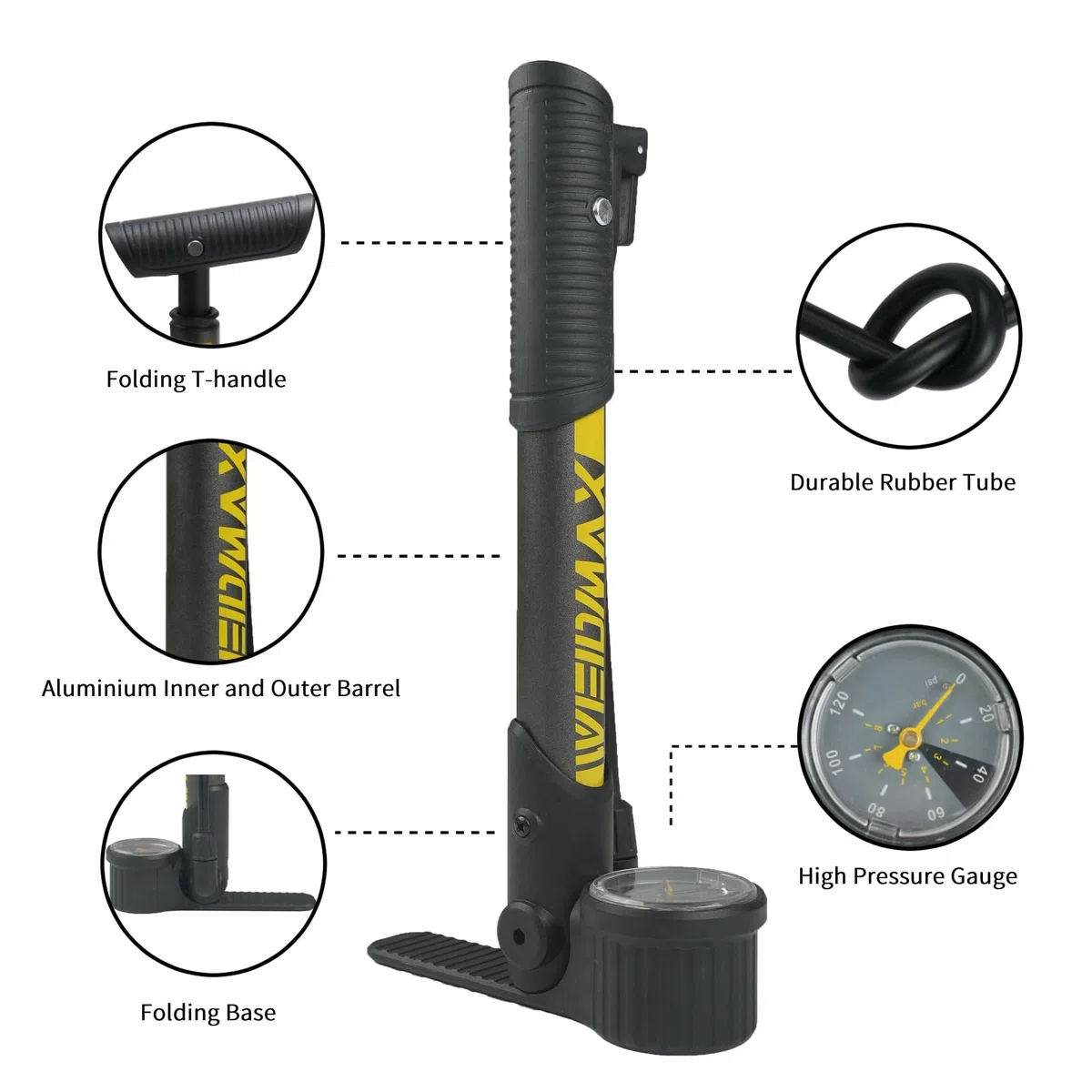WEIDMAX Pompe à vélo pliable pour tous les vélos, pompe à vélo avec manomètre, pompe à pneu portable montée sur cadre, mini pompe à vélo avec valves Presta et Schrader, pompe de piste multifonction