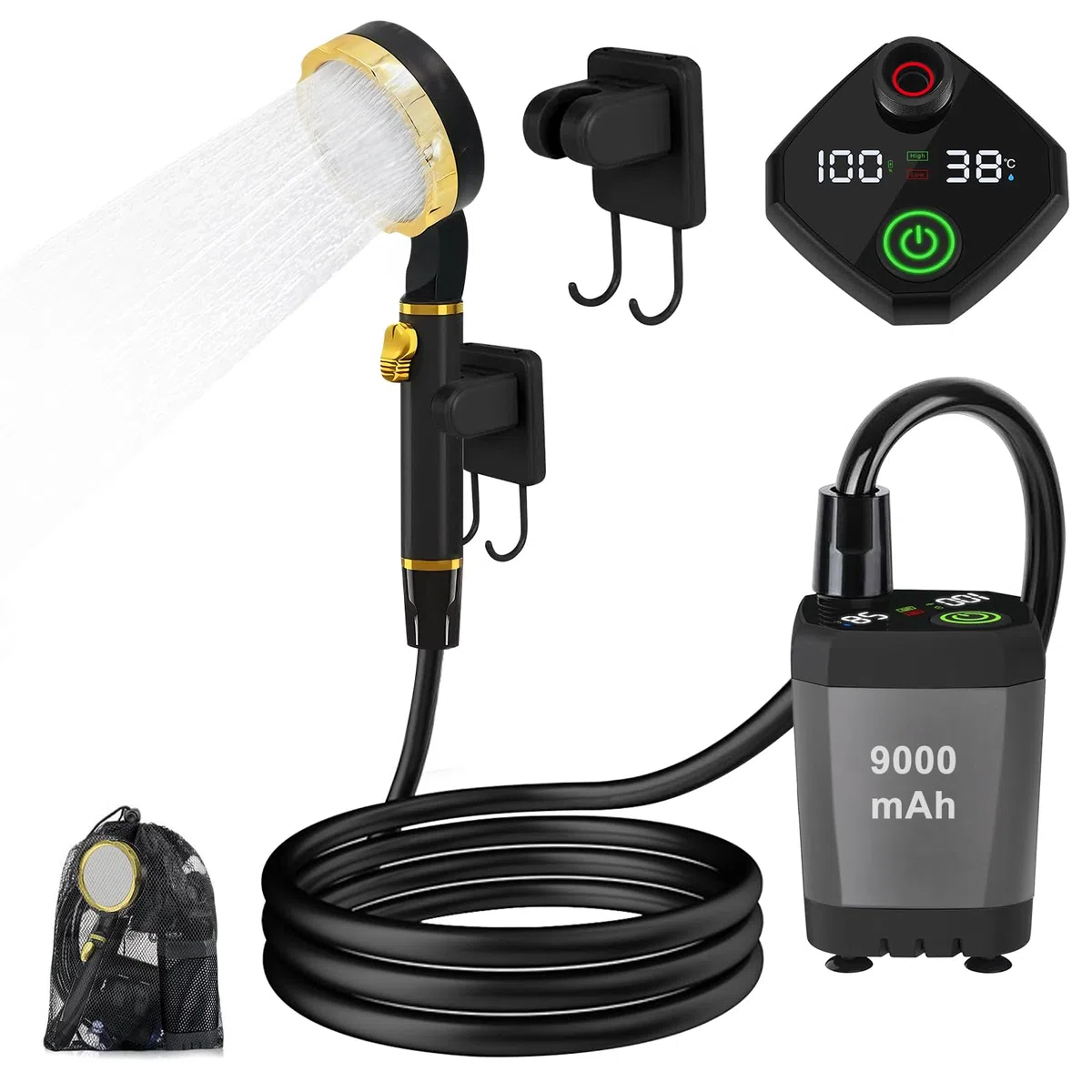 Kit Douche de Camping,Camping Douche Portable 9000mAh,Douche de Camping Rechargeable avec Pompe de Douche Électrique Rechargeable,Portable Camping Douche,Douche Camping pour Extérieure Camping Voyage