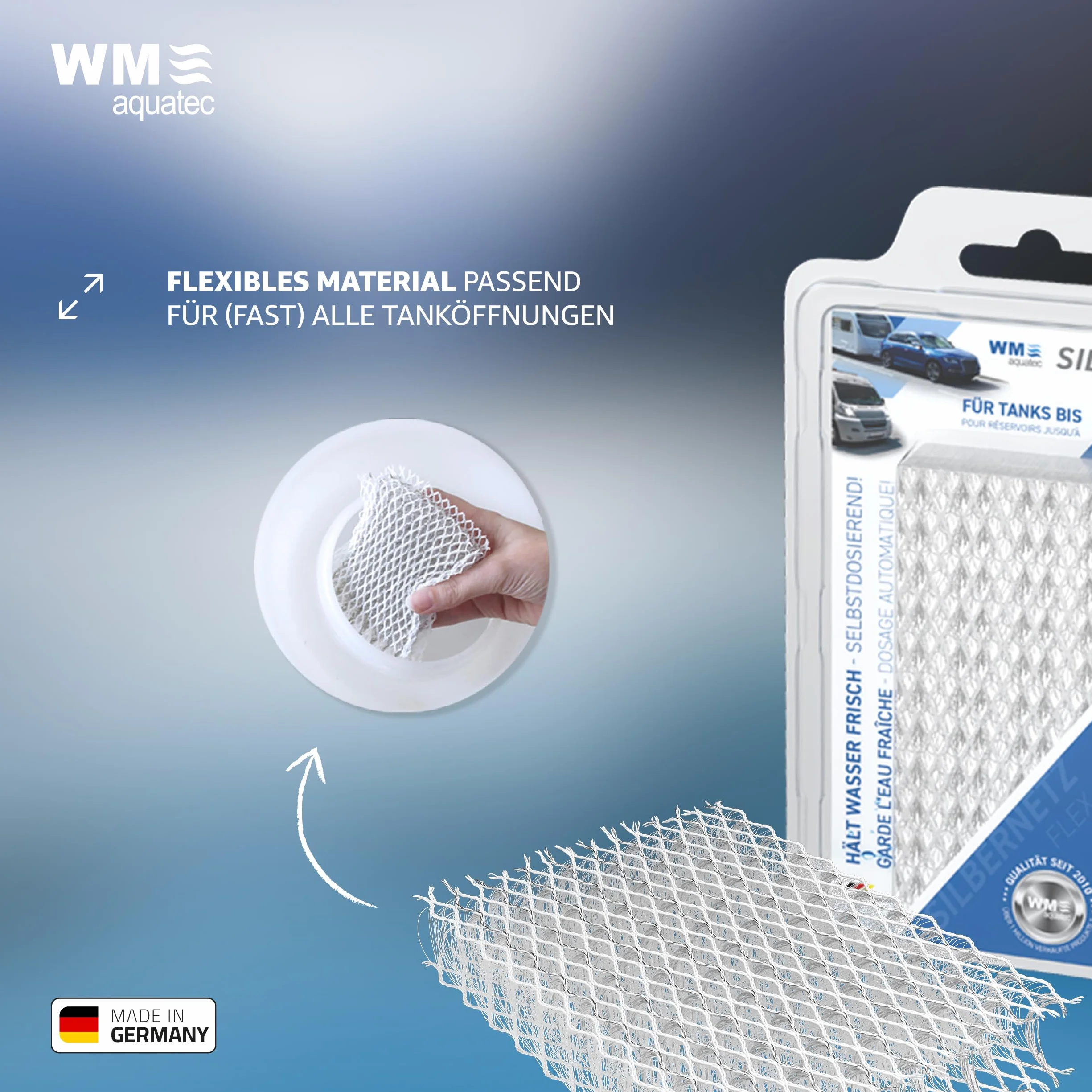 WM aquatec Silbernetz Flex STSN-15-2 | Conservation d'eau pour réservoirs jusqu'à 15L chacun | Conserve jusqu'à 750L d'eau grâce à l'ajout automatique d'ions d'argent purs | Fabriqué en Allemagne
