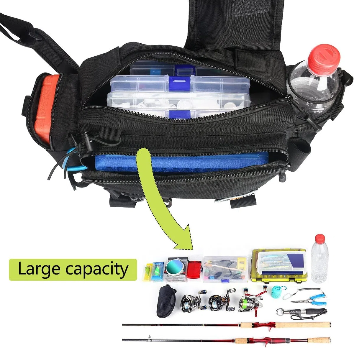 drado Sac de pêche à bandoulière, Sac à Dos Tactique, Sac à Dos de pêche imperméable et résistant à l'usure pour Accessoires de pêche(Noir)