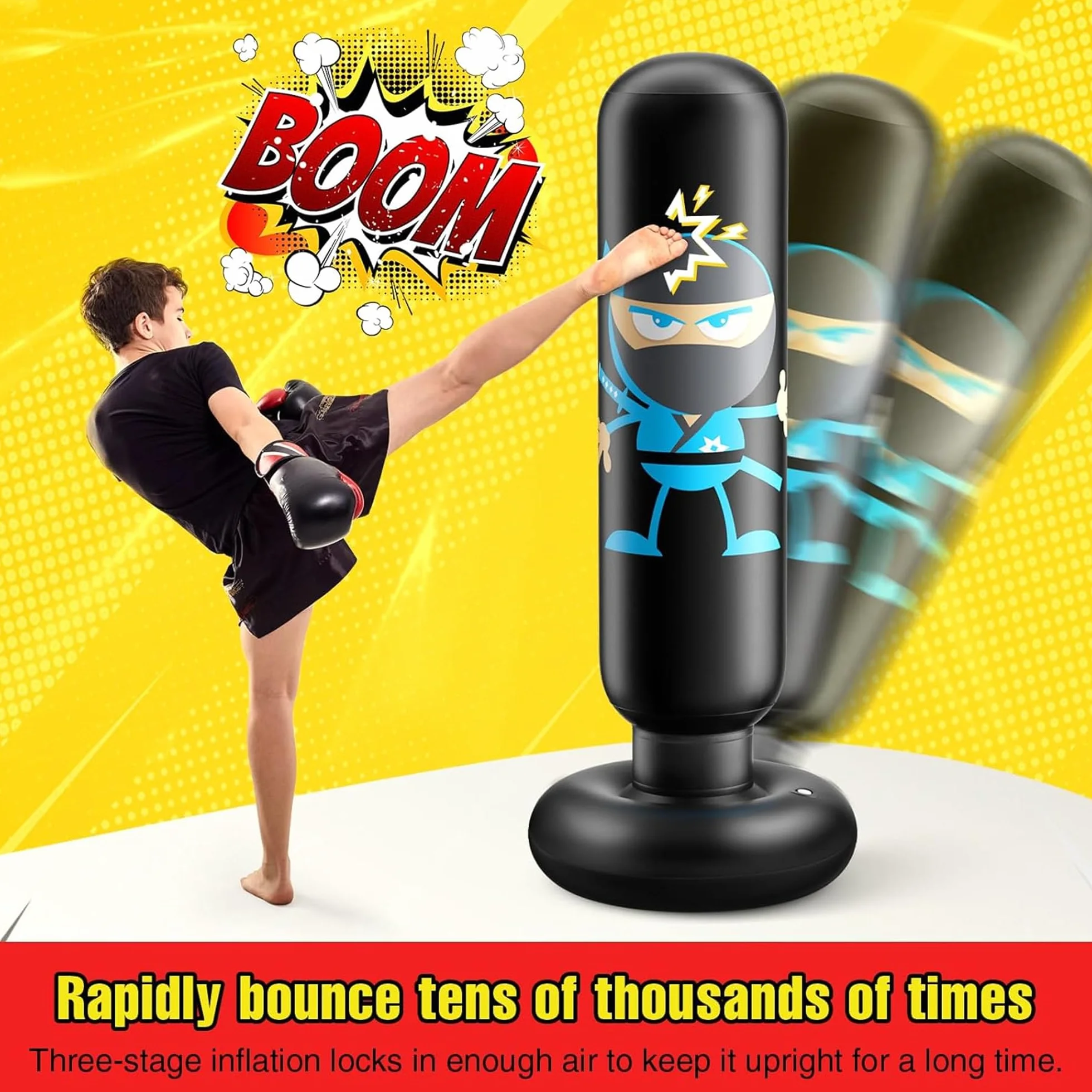 Sac de Boxe Enfant Ninja Design Gonflable Sac de Frappe avec Gants de Boxe 160cm Sac de Frappe avec Support Rebond Instantané pour S'entraîner au Karaté Taekwondo MMA Cadeaux Noel Enfant