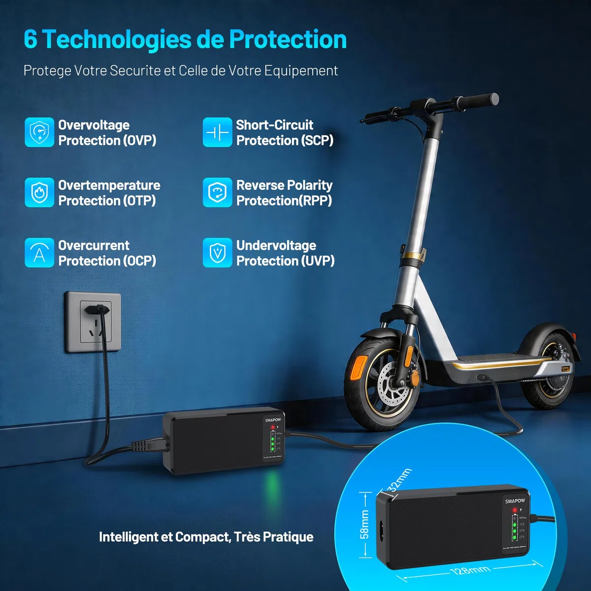 Chargeur Intelligent 42V pour Trottinette Électrique -2A, 5 Connecteurs | SMAPOW – Maximise capacité & cycles– Chargeur Compatible avec 99% des trottinettes 36V lithium : Xiaomi, Ninebot et plus
