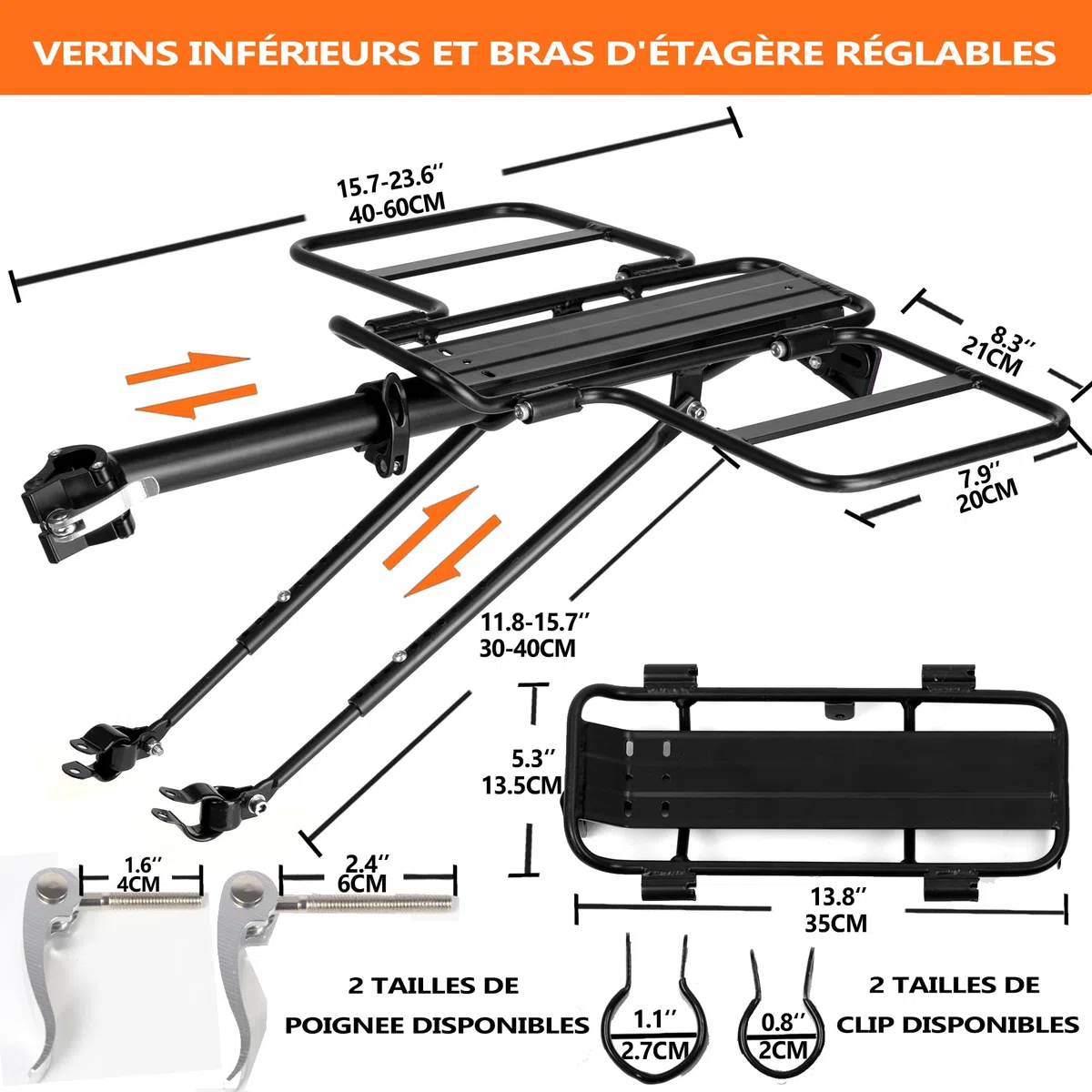 Porte-bagages pliable à larges ailes pour vélo, libération rapide, universel, grande capacité, hauteur réglable de 7,3 à 7,6 m