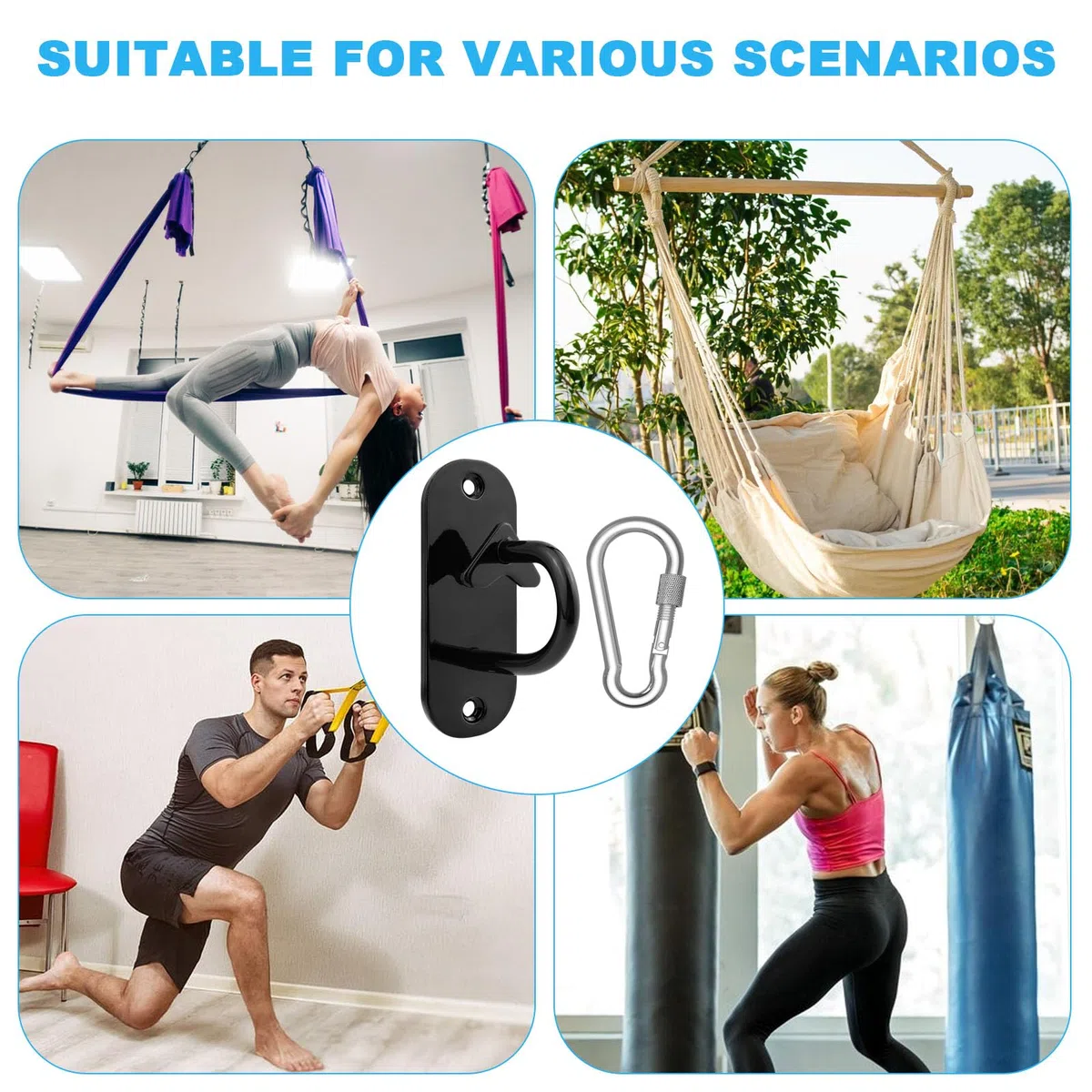 3 pcs Ancrages Muraux pour Bande de Résistance, Noir Suspension D'ancrage Pour la Musculation, le Fitness, le sac de Frappe, les Balançoires avec 3 Mousquetons à Vis
