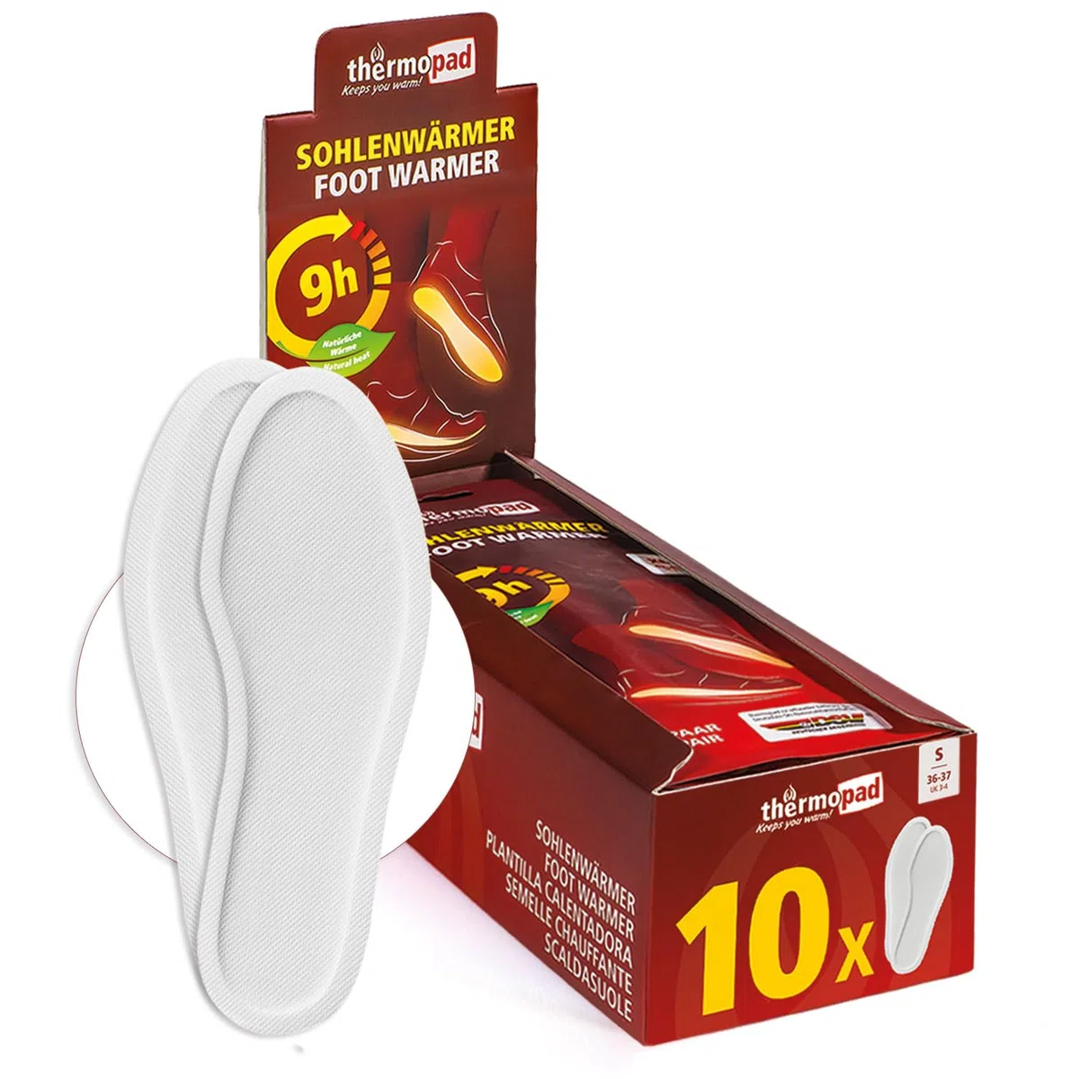 THERMOPAD Semelles chauffantes S-XXL – L'ORIGINAL : 10 Pairs de chaufferettes pour jusqu'à 9 Heures de Chaleur - pour Les Chaussures de Ski et Les Bottes - activé par l'air