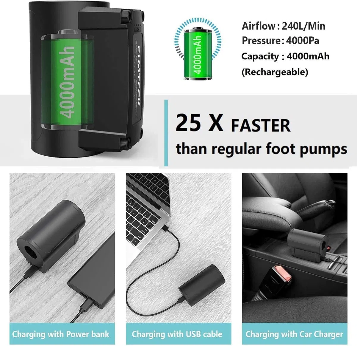 Gputek Pompe à air électrique, sans Fil, Pompe à air électrique, Rechargeable, avec 4 Buses, pour Matelas Gonflable, radeaux, canapés, Bateaux, Jouets de Piscine, bouées de Natation