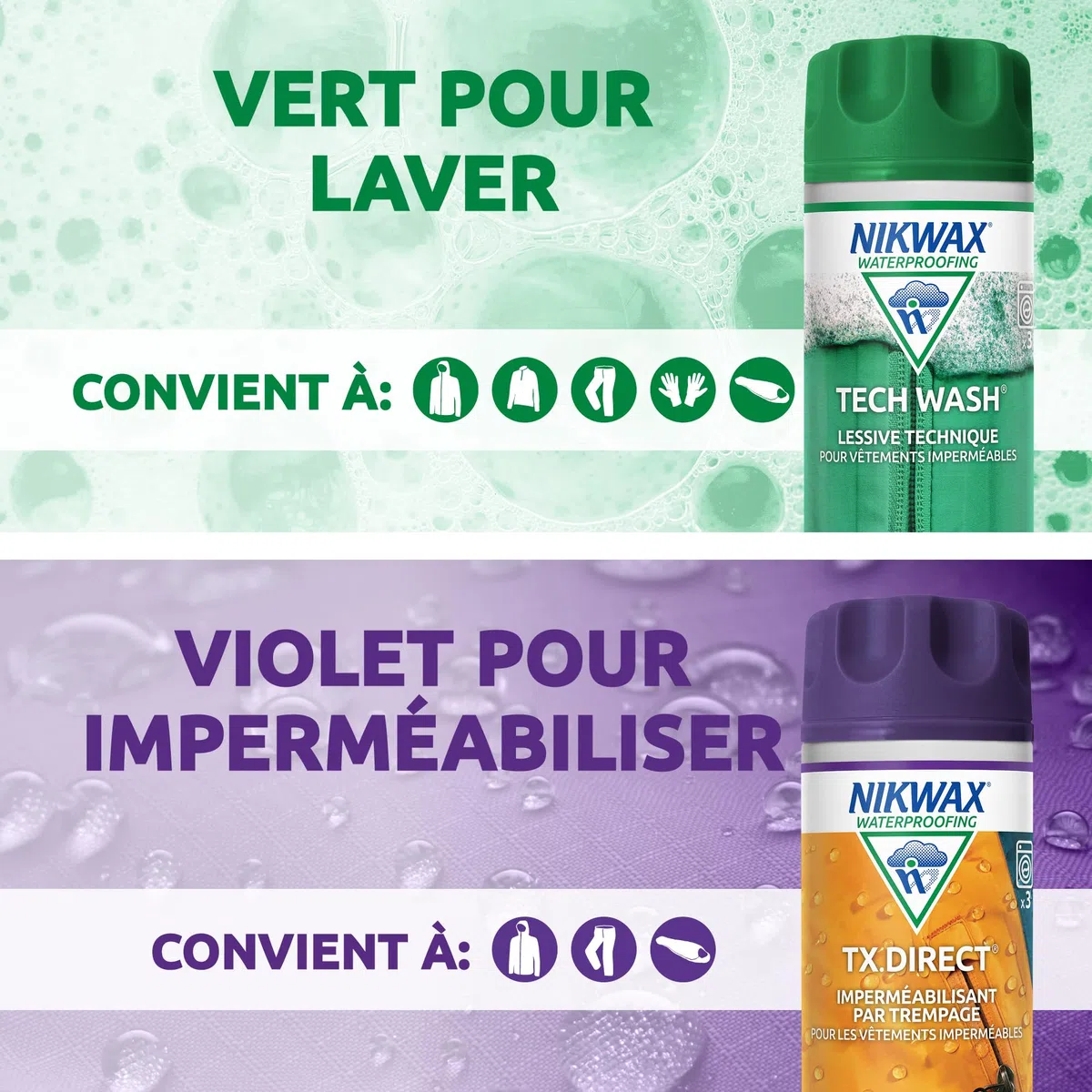 Nikwax Pack duo TECH WASH et TX.Direct, Nettoyant et Imperméabilisant techniques pour vêtements imperméables, Nettoient, Imperméabilisent, Revitalisent la respirabilité, 2 x 300ml
