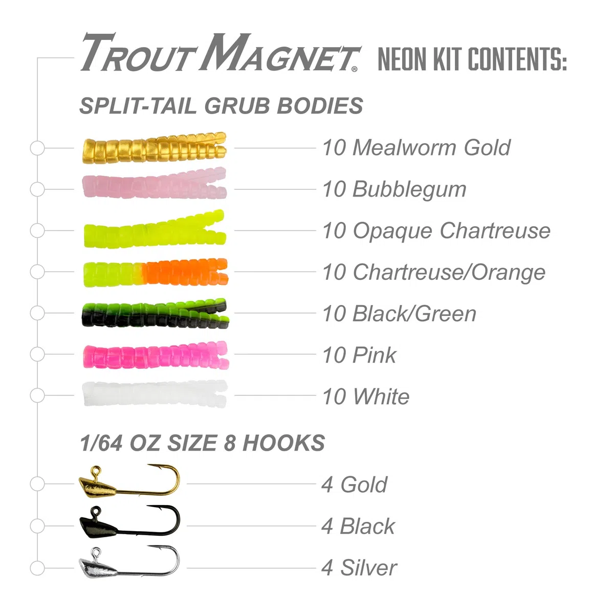 Trout Magnet Kit de pêche 82 pièces néon Comprenant 70 appâts à Truite et 12 hameçons, Taille 8