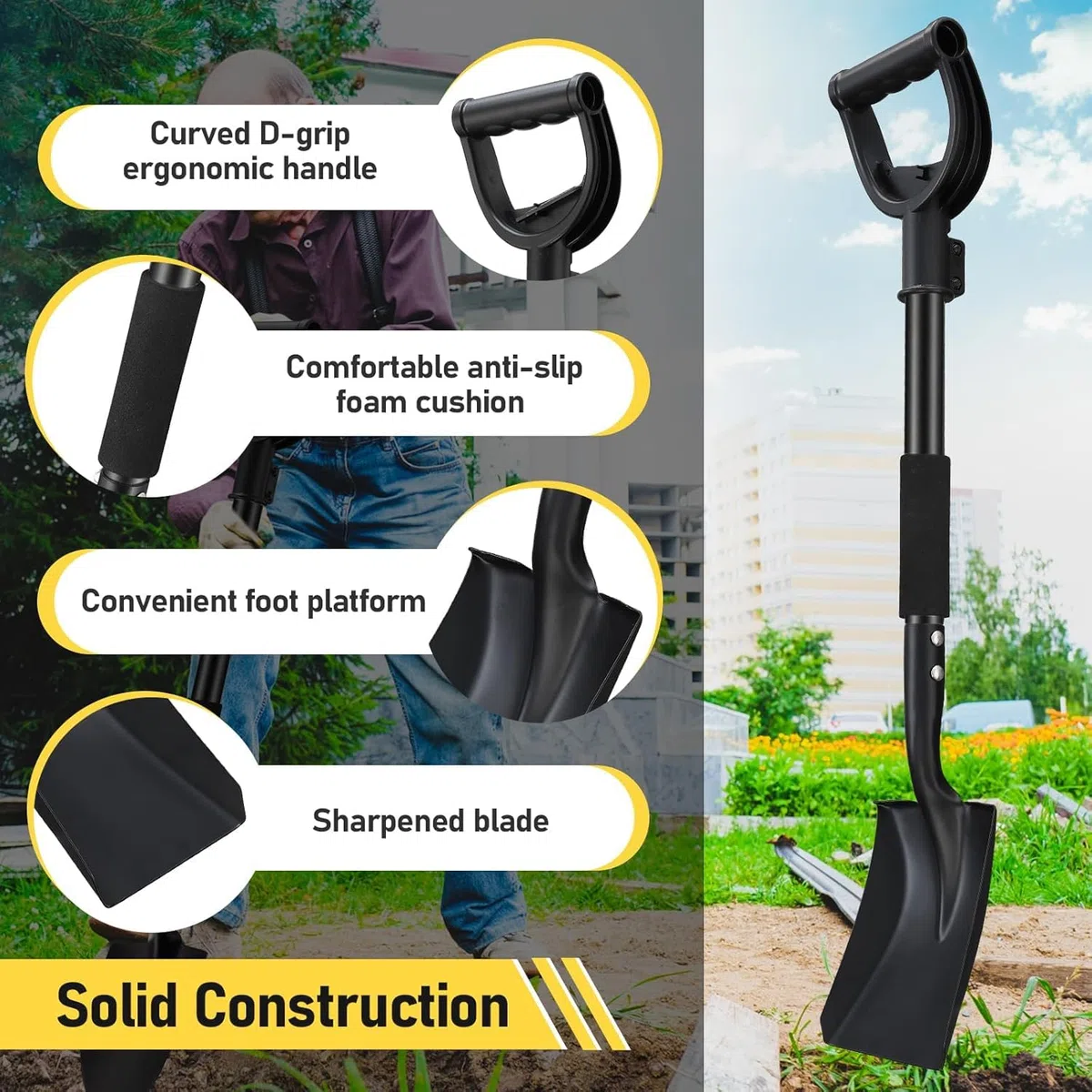 Pelles de Jardin, 78cm Bêche pour Creuser en Acier avec Poignée en D, Pelles pour Creuser en Sols Durs et Caillouteux pour Camping Car Gardening/Noir Mat