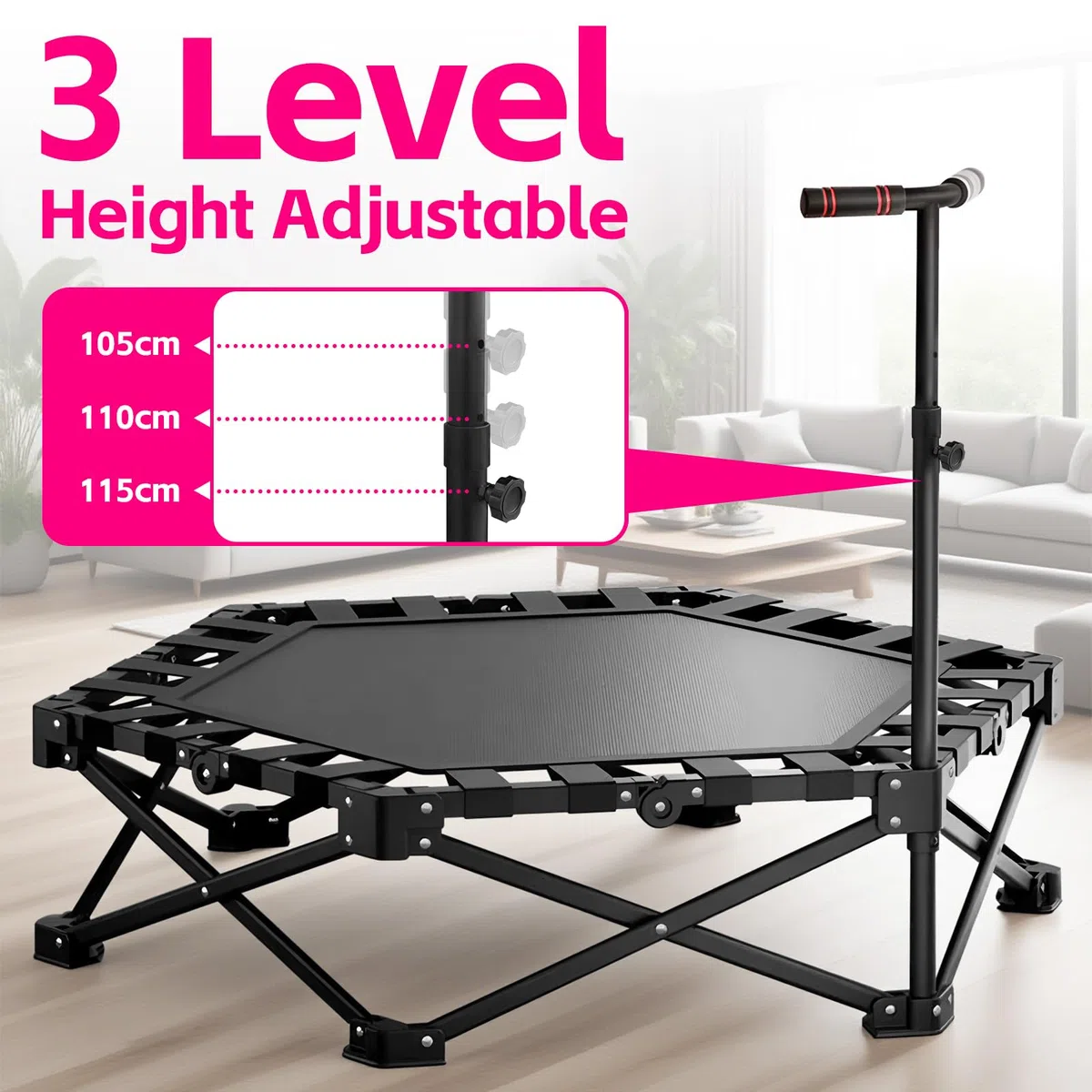 Trampoline d'intérieur pliable avec poignée réglable pour saut de fitness, facile à organiser et à ranger, aucune installation nécessaire, capacité de charge 200 kg