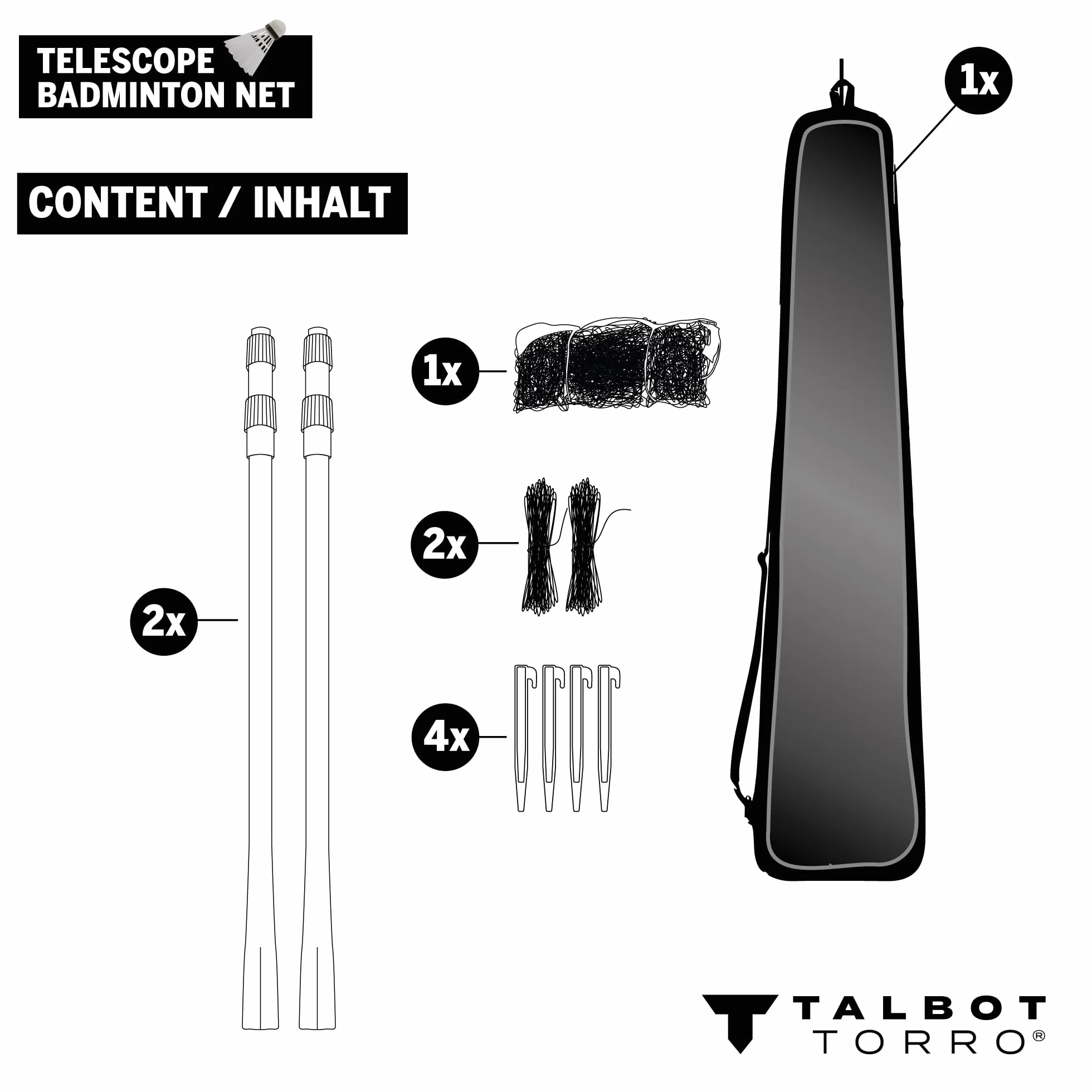 Talbot Torro Filet de Badminton Télescopique, Réglable en Hauteur: 1,25-1,55 m, Largeur 6,10 m, dans Un Sac, 449599, Noir