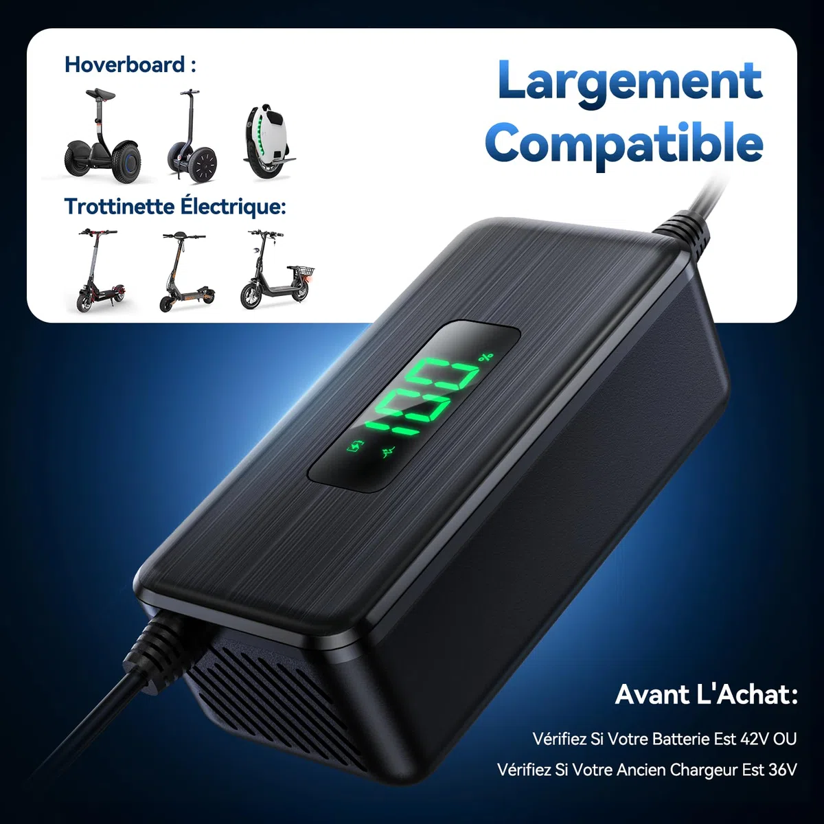 42V 2A Chargeur Trotinette Electrique avec Écran LED de Charge(%), Chargeur Hoverboard avec 4 Connecteurs, Chargeur Universel pour Toutes Les Batteries Lithium de 36V, avec Ninebot, Xiaomi