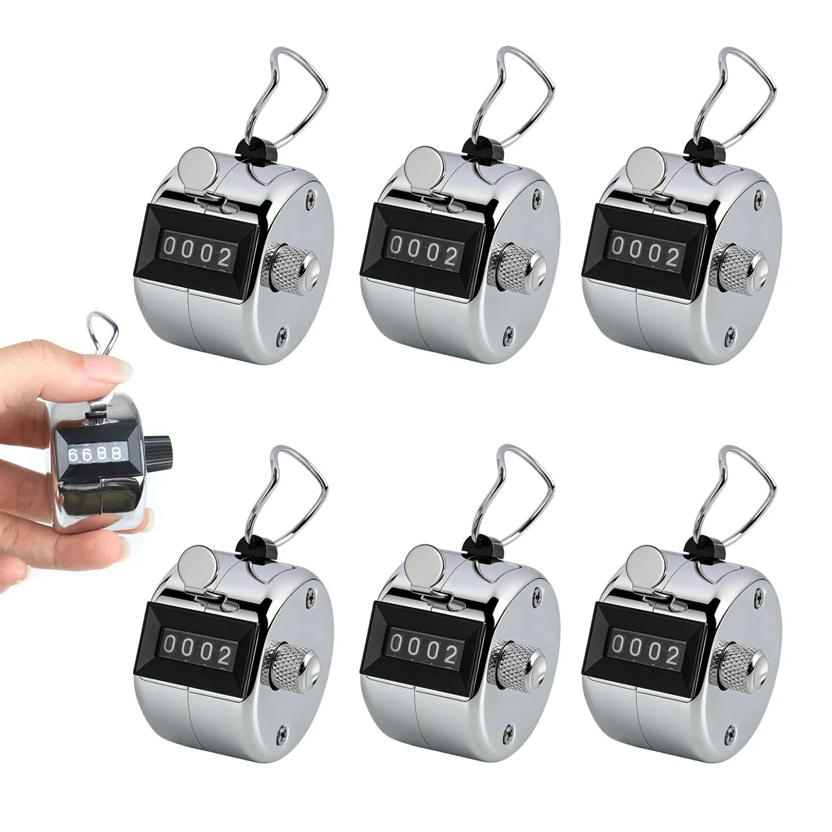 6PCS Compteur Manuel, Mécanique en Métal 4 Chiffres avec Anneau Doigt, Compteur de Clic Portable Remise à Zéro, Compte Rang Tricot Golf Sport École Comptage Précis 0 à 9999