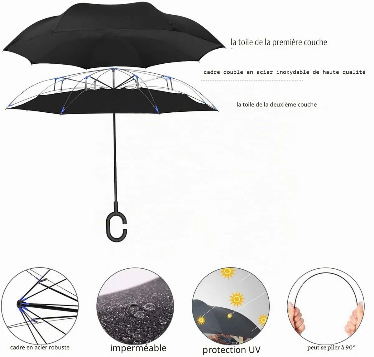 Parapluie double face coupe-vent et protecteur contre les UV - Pliable - Parapluie droit inversé pour hommes et femmes - Autoportant - Poignée en forme de C - pour golf/voitures (violet)