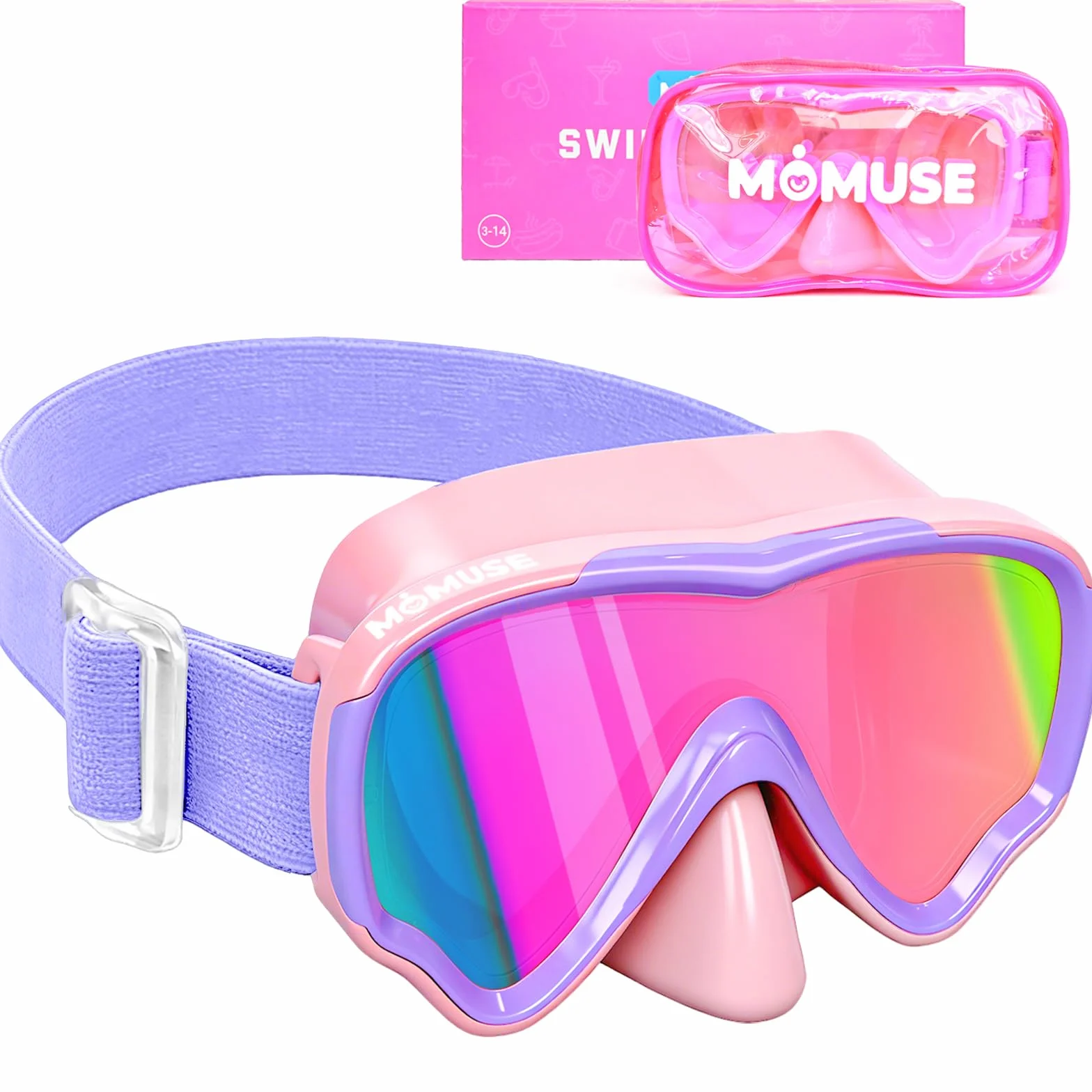 Lunette de Piscine Enfant avec Protection UV et Sangle en Tissu Doux, MOMUSE Masque de Plongée Enfant avec Couvercle de Nez 3D, Lunettes de Natation pour Garçons et Filles de 4 à 14 Ans
