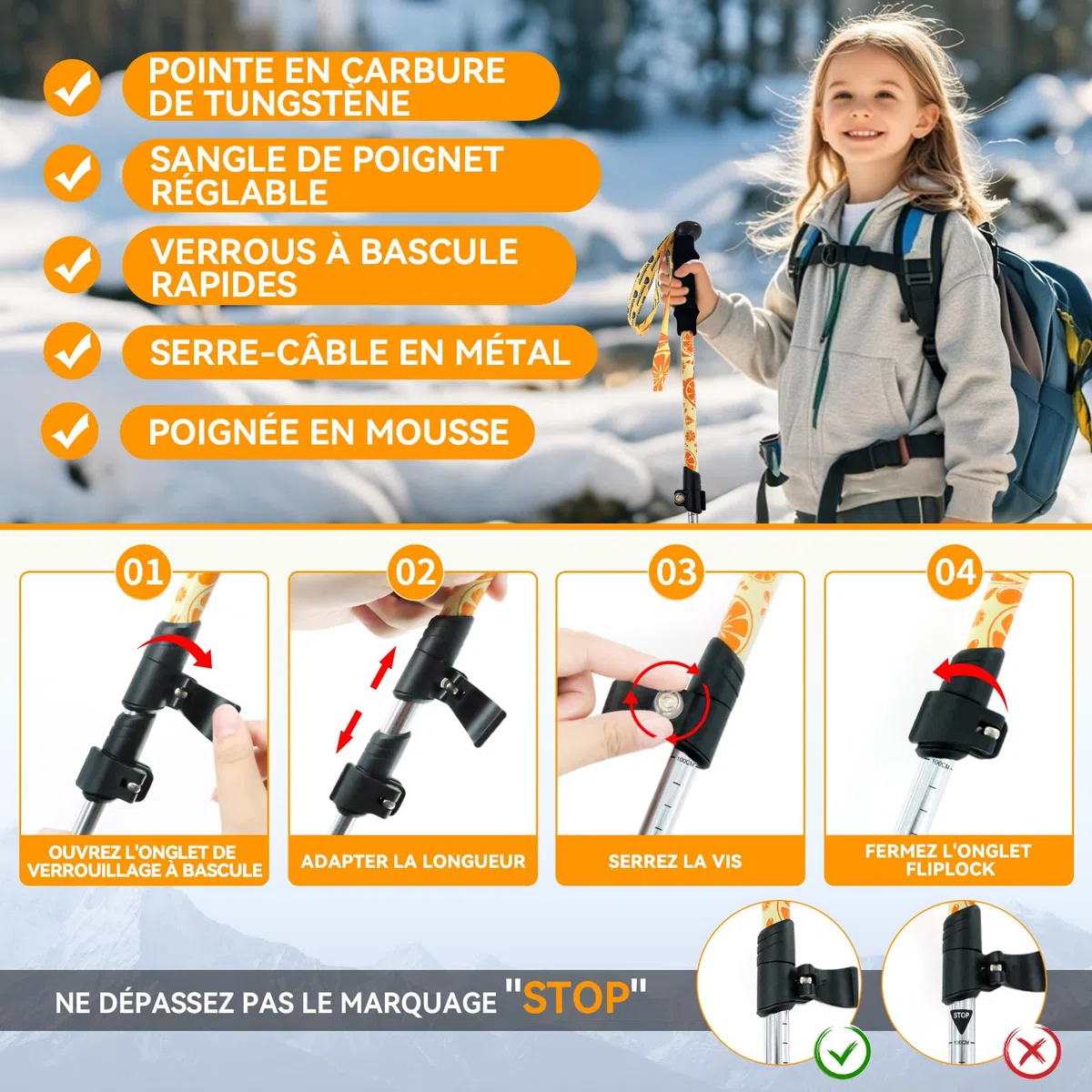 Bâtons de randonnée Pliables pour Enfants – Bâtons de randonnée légers et réglables en Aluminium pour Enfants, Design rétractable pour la randonnée/Ski (6 à 12 Ans)