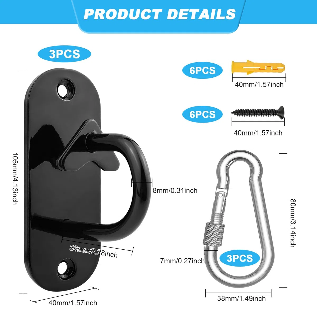 3 pcs Ancrages Muraux pour Bande de Résistance, Noir Suspension D'ancrage Pour la Musculation, le Fitness, le sac de Frappe, les Balançoires avec 3 Mousquetons à Vis