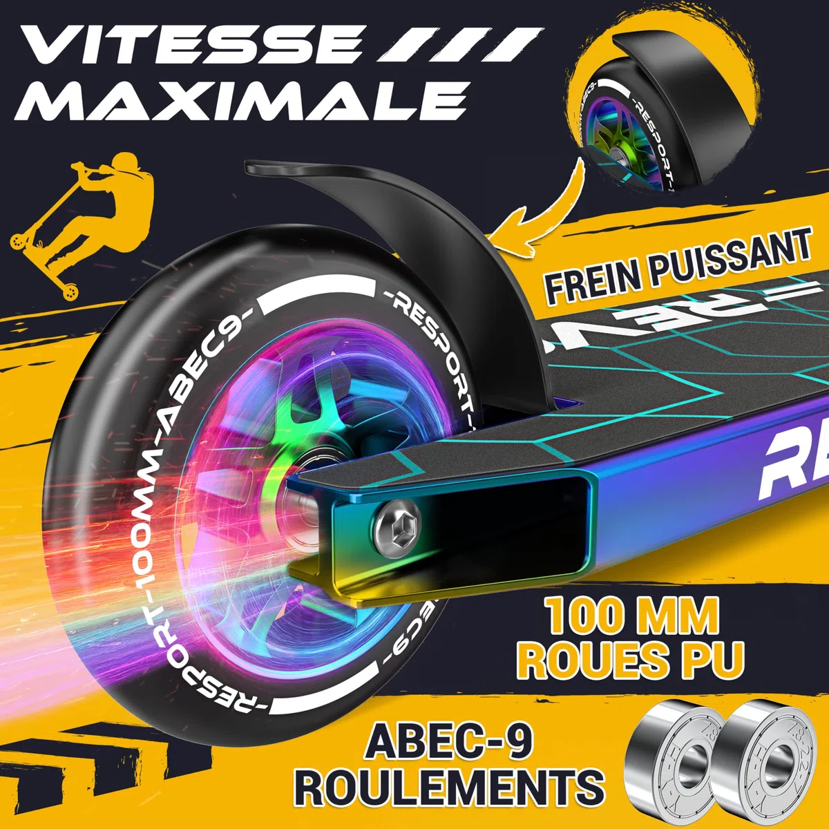 RE:SPORT Trottinette Stunt Revo pour enfants et adultes, avec support, 100 mm, roues en polyuréthane et barre en Y, roulement à billes ABEC 9, trottinette cascade, trottinette freestyle