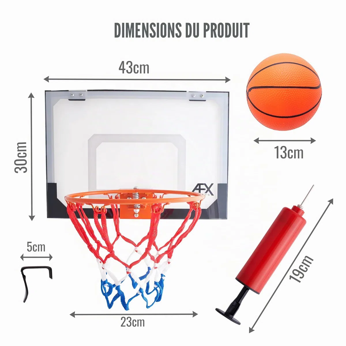 Panier de basket et son panneau avec ballon AFX (anneau de 23 cm)