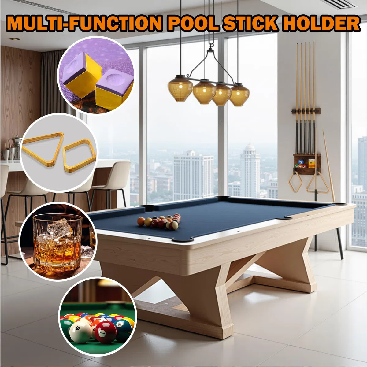 Support Mural pour Bâtons de Billard, Support pour 6 Queues de Billard, Accessoires pour Table de Billard, Support en Bois Massif pour Ensemble de Queues de Billard, Organisateur Rustique pour