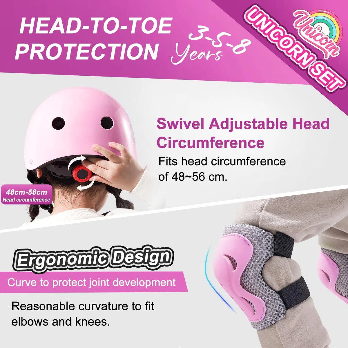 Casque de vélo pour enfant avec équipement de protection, motif licorne rose, avec genouillères, coudières et autocollants décoratifs