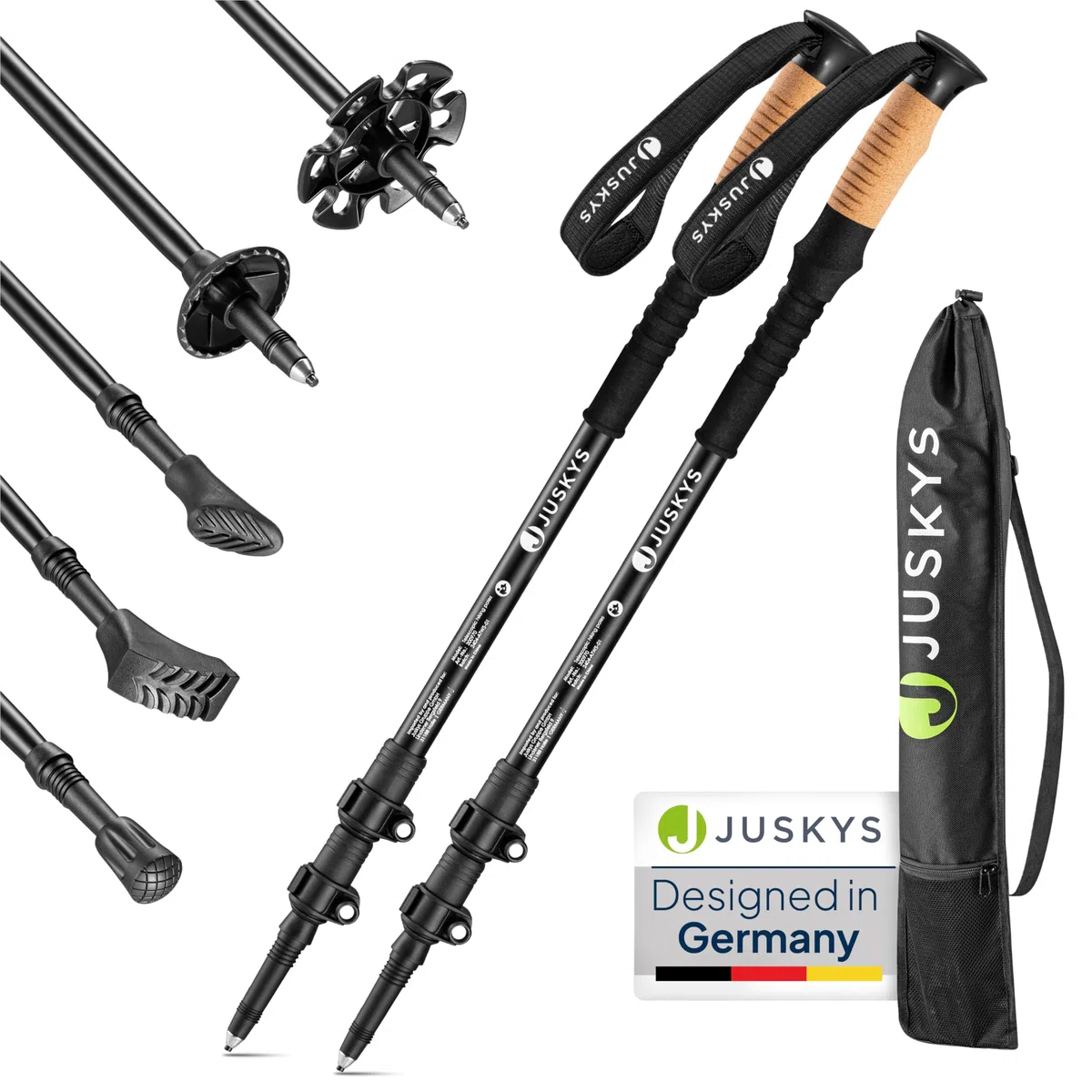 Juskys Bâtons de Marche Nordique - 2 bâtons de Marche télescopiques en Aluminium, légers & Extensibles, pour Femmes & Hommes, avec Embout en Caoutchouc & Sac, poignée en liège - Noir