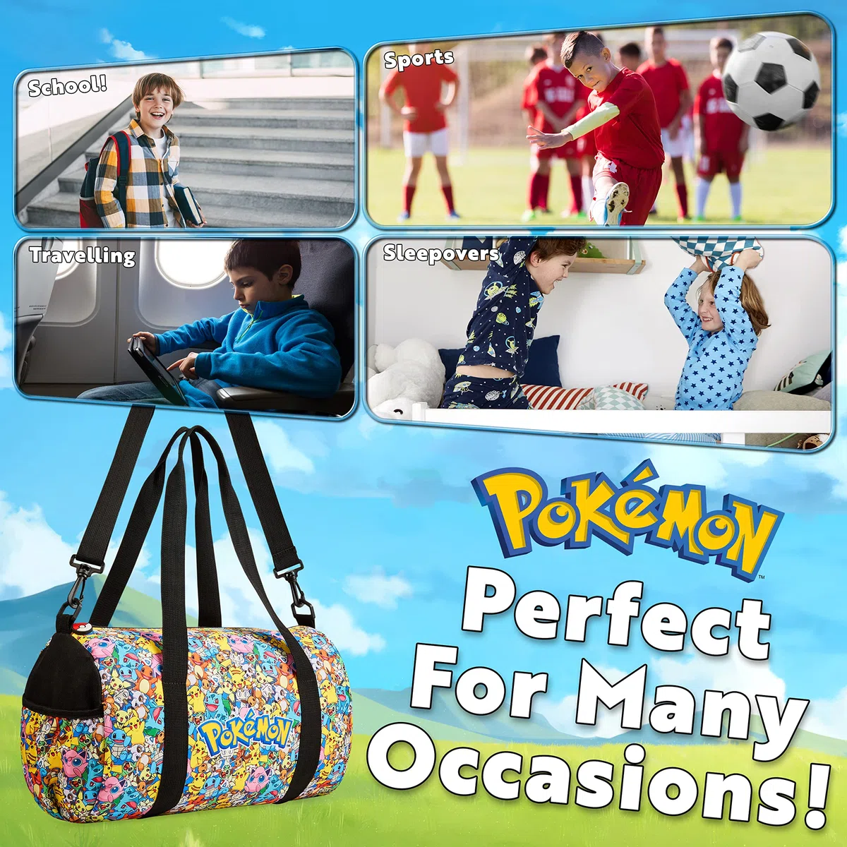 Pokemon Sac de Sport Enfant, Sac de Gym, Sac Piscine, Sac de Foot Enfant Garcon Fille, Sacs de Sport pour Enfant, Sac de Voyage, Idée Cadeau pour Fan de Pokemon Accessoire Officiel (Multi)
