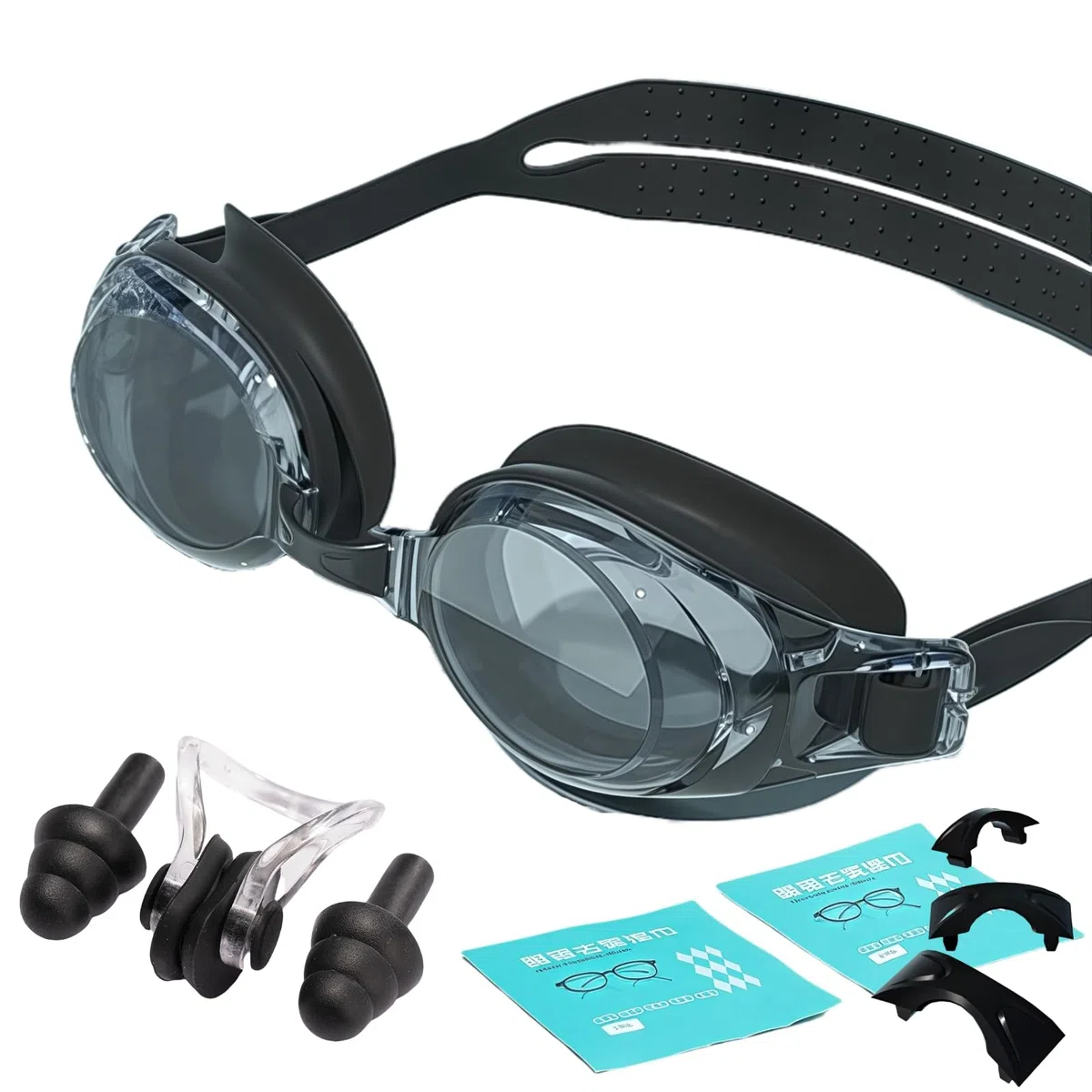 1 paire de lunettes de natation optiques, avec correction visuelle de -1,5 à -9,0, anti-buée, protection UV, lunettes de natation monobloc avec bouchons d'oreilles, pour homme et femme