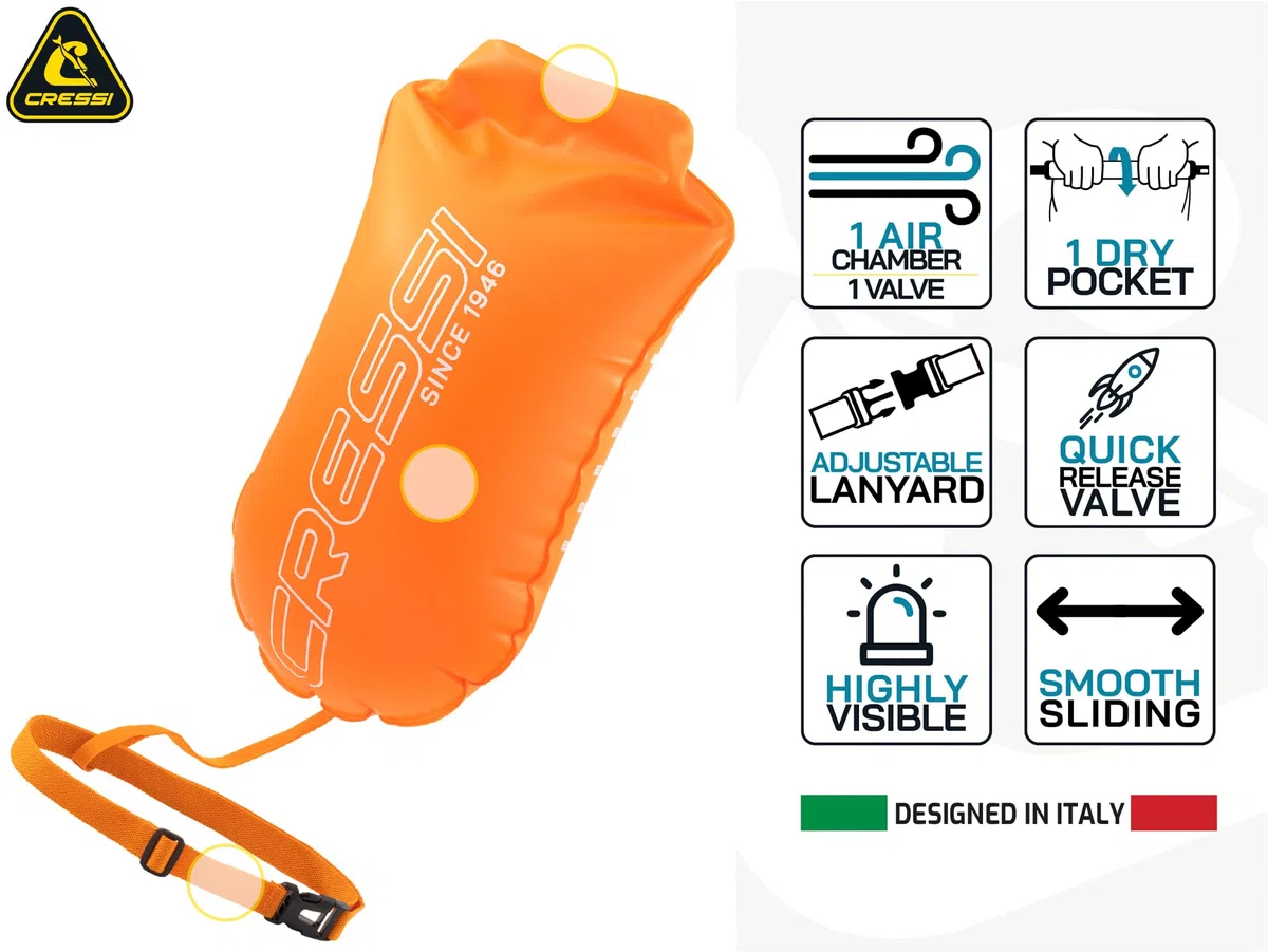 CRESSI Glide Swim Buoy 28L Orange – Bouée Orange de Signalisation, Gonflable, Pratique et Compacte pour Une Visibilité Maximale des Nageurs, Plongeurs et Triathlètes en Mer ou en Eaux Libres
