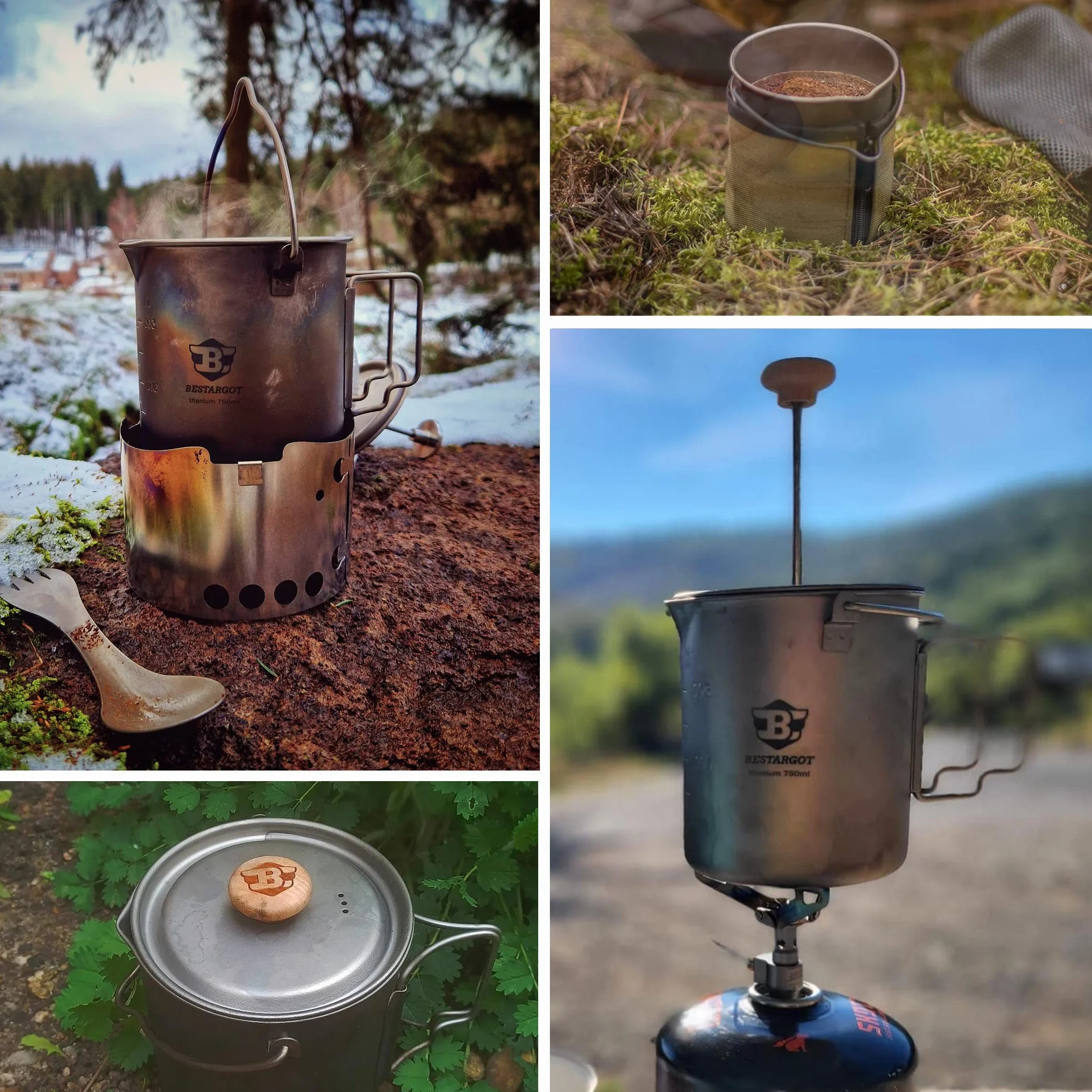 Bestargot Cafetière à Piston Camping French Press 750ml, Cafetière Camping en Titane pour Café ou Thé, Ultralight Tasse Popote Bivouac, léger et portable 188g