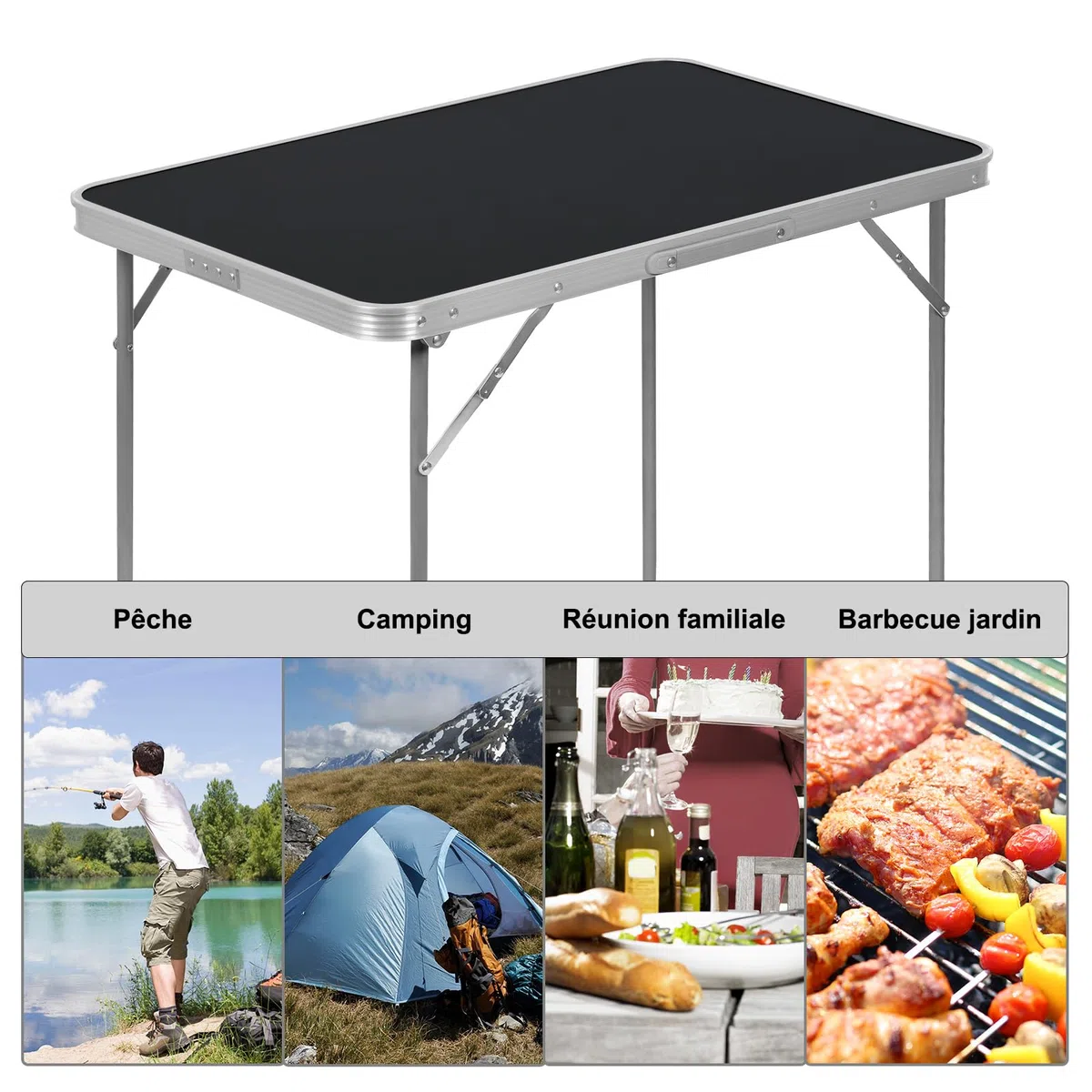 eSituro Table Pliante Camping, Table de Pique Nique avec Poignée, 80x50x70 cm, en Métal et MDF, Noir
