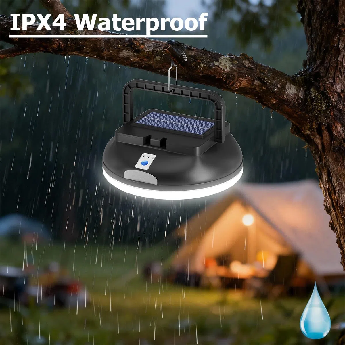 Lampe de camping LED solaire avec télécommande, lanterne de camping rechargeable par USB, ultra-lumineuse 4500 lumens, 5 modes d'éclairage pour la randonnée en plein air et le camping