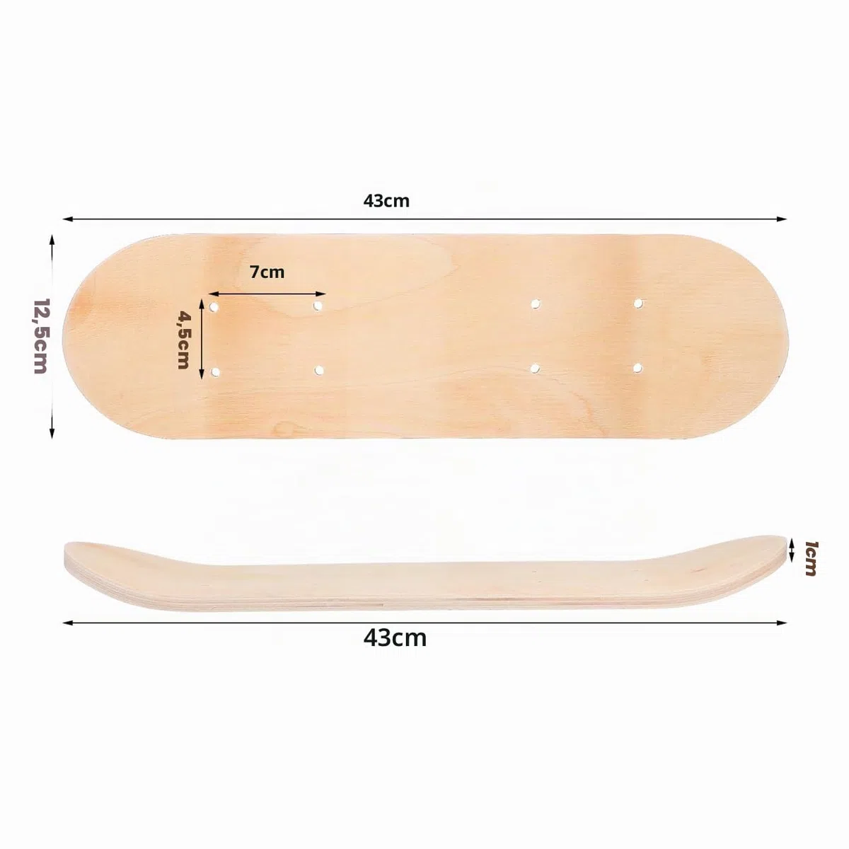 Planche de skateboard : 7 plis en bois d'érable vierge pour débutants – Planche double face brut de 43 cm pour la peinture et la créativité