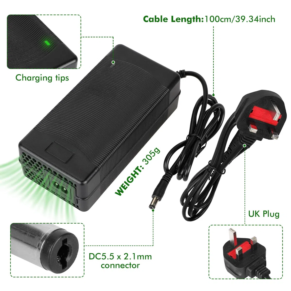 Chargeur Trotinette Electrique，54,6V 2A Chargeur Hoverboard, Chargeur Universel pour Batterie Lithium 48V avec 6 Connecteurs，Charge Rapide pour Hoverboard，E-Bike，Scooter électrique