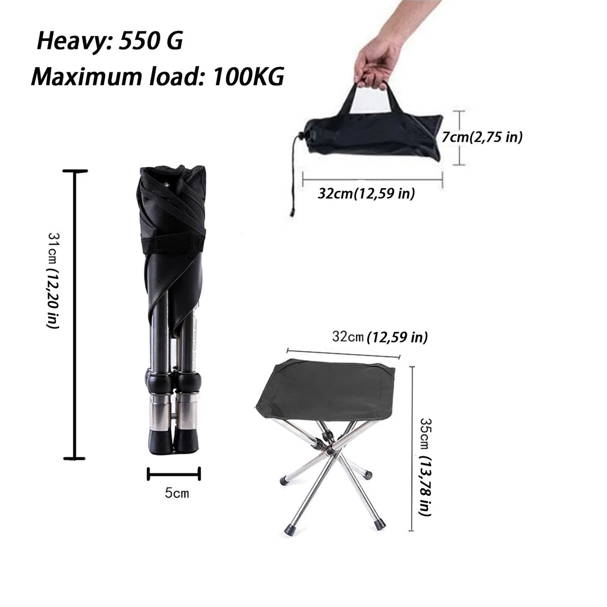 Tabouret de Camping, Tabouret Pliant Portable, Tabouret Pliable Télescopique, Mini Tabouret Pliable Tabouret de pêche pour Adultes Pêche Randonnée Jardinage et Plage (Noir, 32 cm)