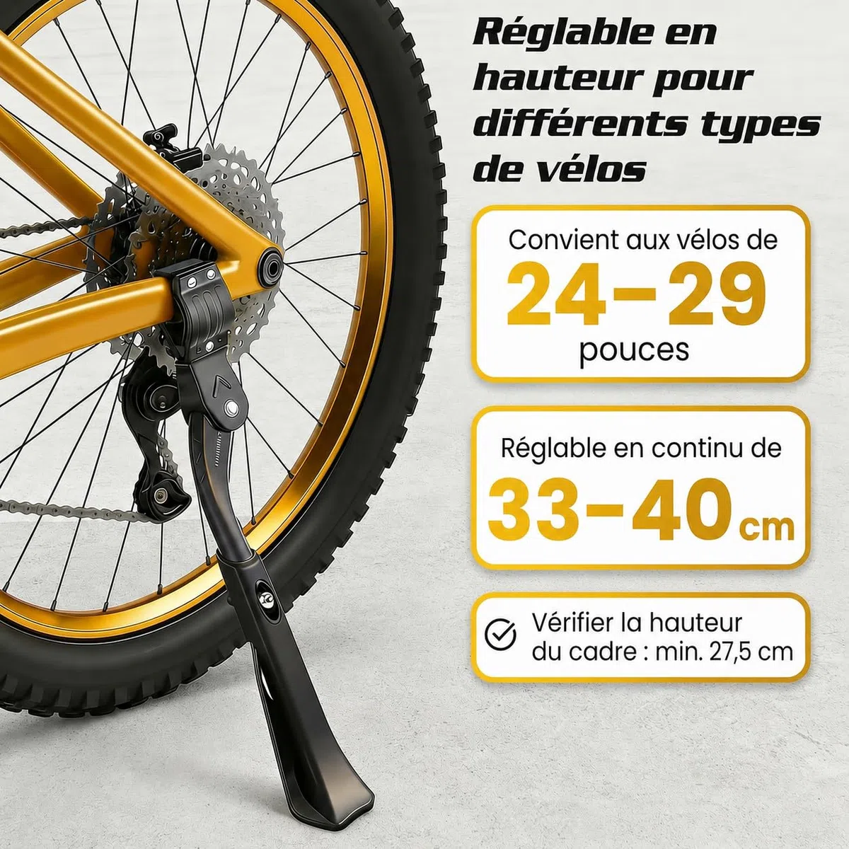 Béquille de vélo professionnelle extra stable 24-29 pouces 45 kg + | Béquille de vélo pour VTT / vélo électrique / vélo de ville | Support de vélo avec construction antidérapante et robuste
