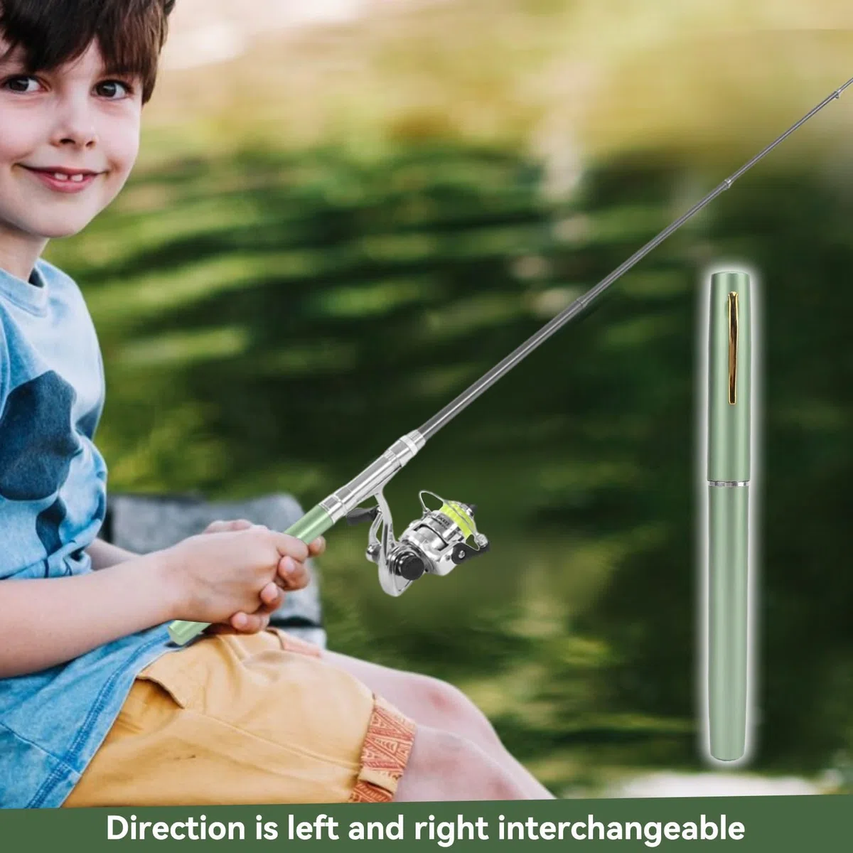 Mini canne à pêche en forme de stylo et moulinet, canne à pêche rétractable portable en forme de stylo avec roue à moulinet pour la pêche (vert)