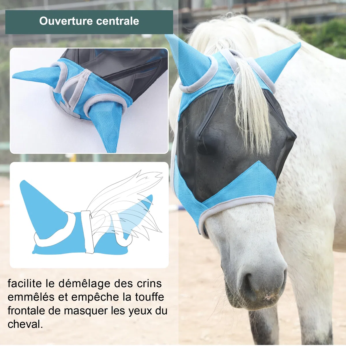 Masque Anti-Mouches pour Chevaux, avec Protection pour Les Oreilles, Protection Anti-UV, Maille Respirante, Large Espace pour Les Yeux, Trou pour Le Toupet, sans Frottement, Bleu Lac Large