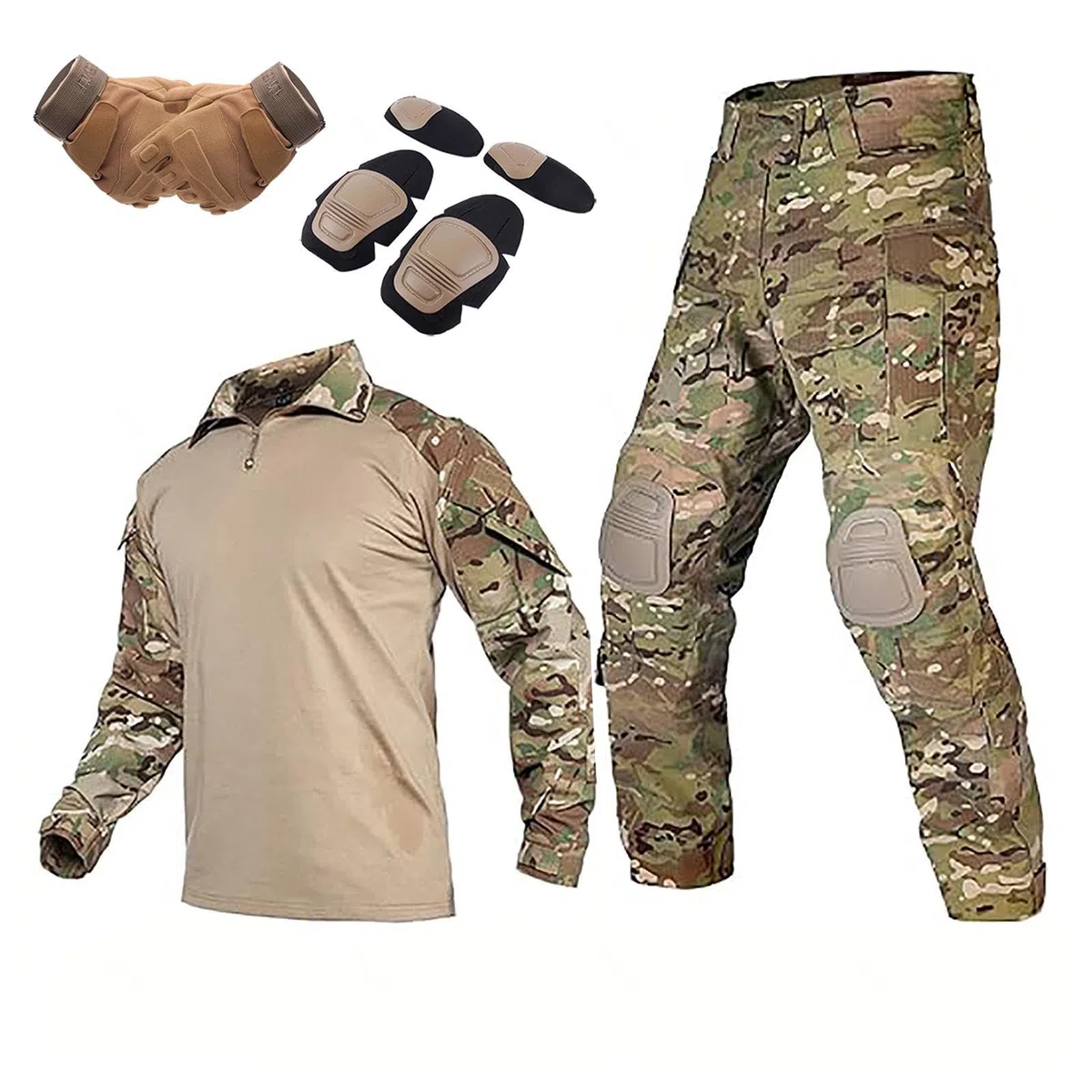 HAZARA Vêtements Airsoft Uniformes Rip-Stop à Manches Longues Vêtements Airsoft avec Coudières,Genouillères Et Gants De Combat Equipement De Paintball,Camo-M
