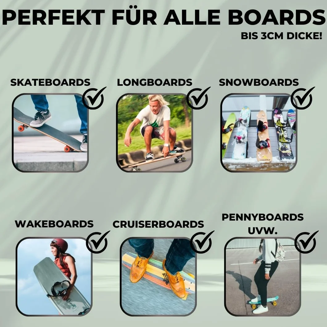 Board Addicted Support mural pour longboard, planche à roulettes, snowboard, wakeboard, planche de kitesurf etc., Board Addicted Wandhalterung für Longboards, Snowboards, Wakeboards uvm., Transparent, Universelle
