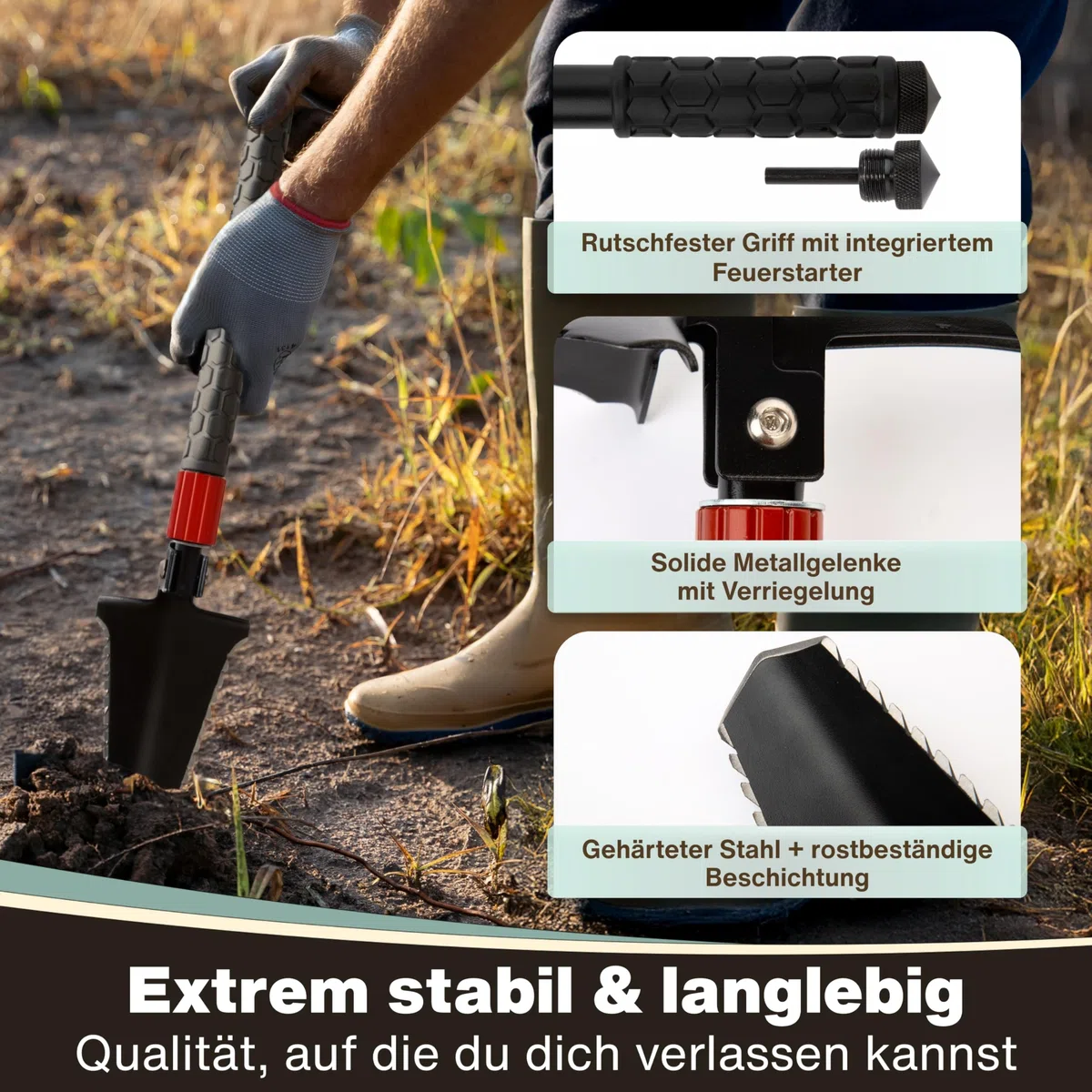 Pelle pliante 9 en 1 – Pelle de survie pliable avec scie à racines, acier à feu et sac – Outil compact d'extérieur – Cadeau pour homme, idéal pour le camping, le bushcraft et les urgences
