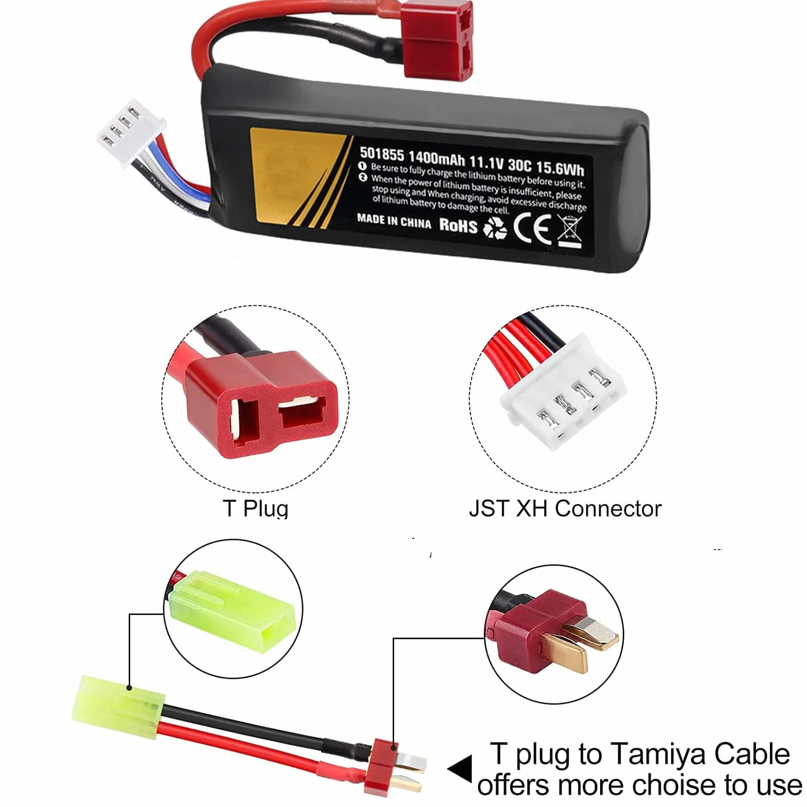 Batterie Airsoft 11.1V 3s 30C 1400mAh Batterie LiPo Rechargeable avec Prise en T vers connecteur de câble Mini Tamiya Chargeur USB pour Pistolets modèles Airsoft Batteries Gel Accessoires 2 PCS